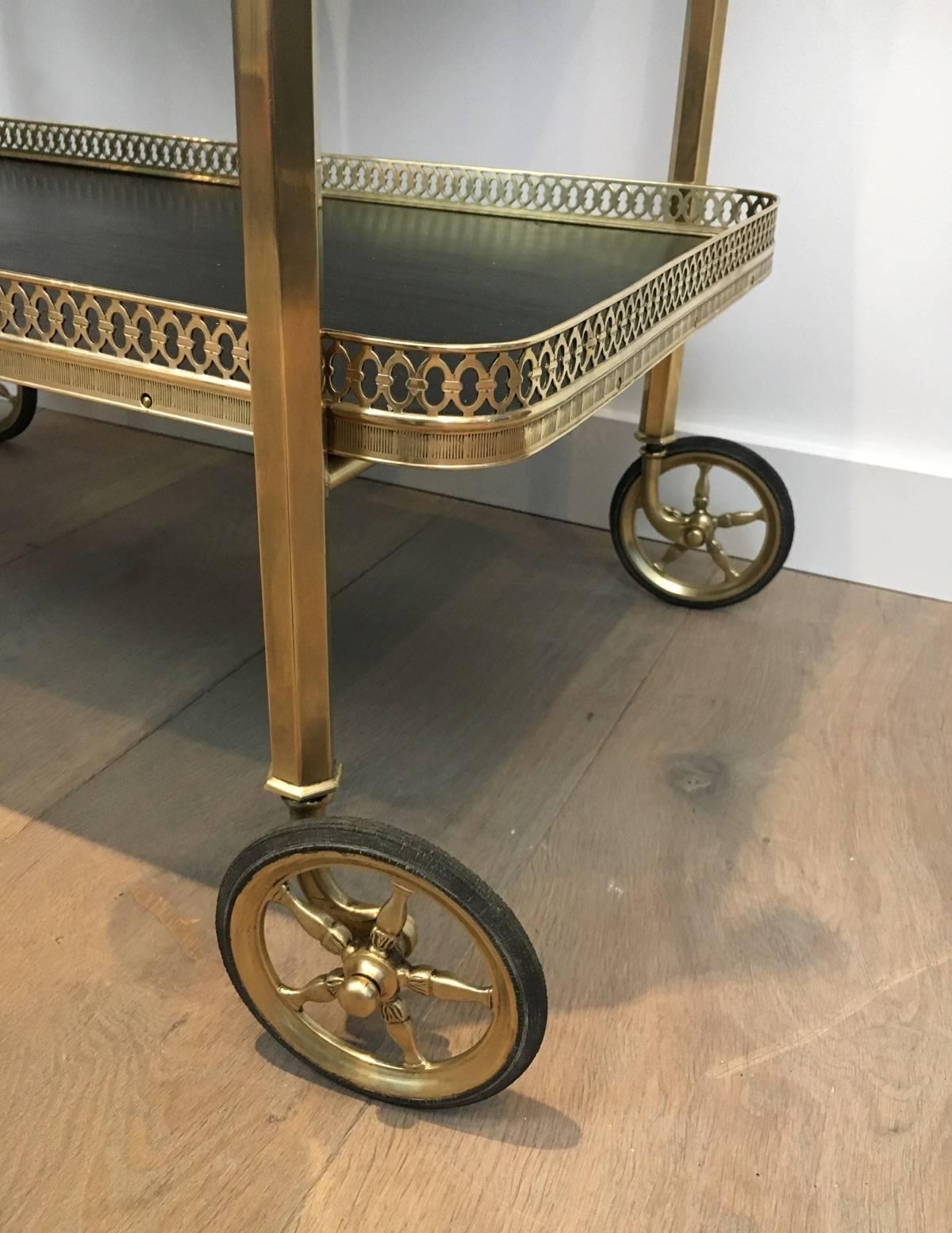 Neoclassical Brass Bar Cart with Two Removable Black Wooden Trays, circa 1940 2