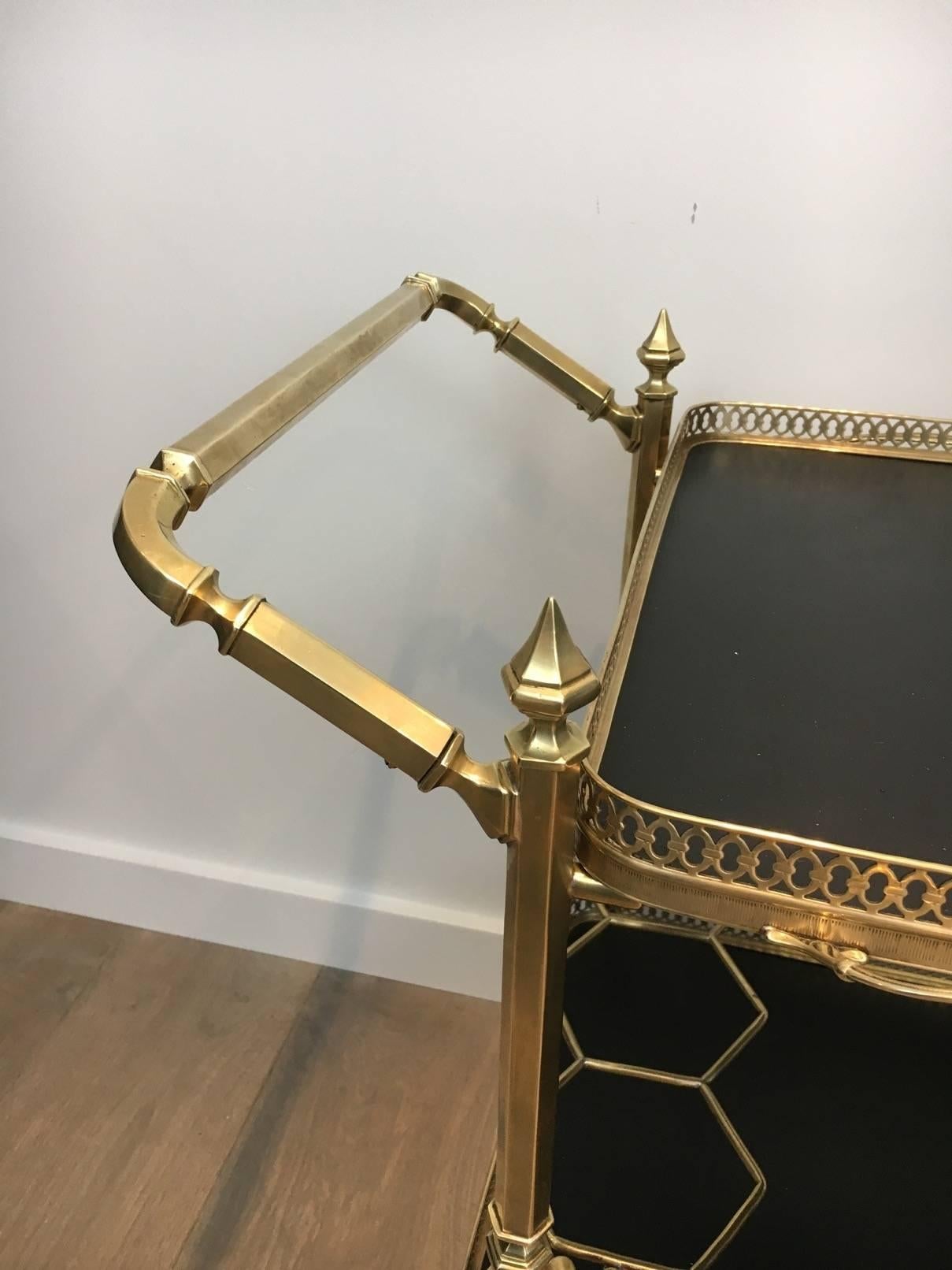 Neoclassical Brass Bar Cart with Two Removable Black Wooden Trays, circa 1940 3