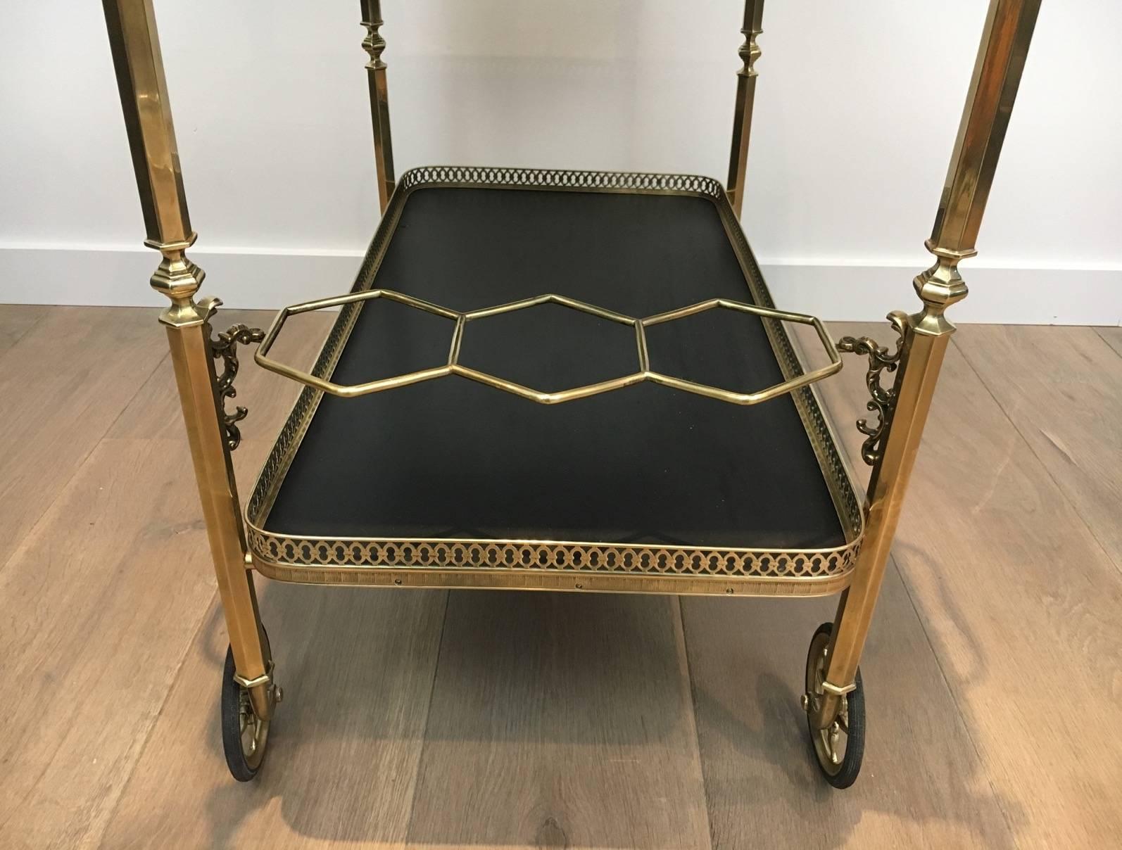 Neoclassical Brass Bar Cart with Two Removable Black Wooden Trays, circa 1940 4