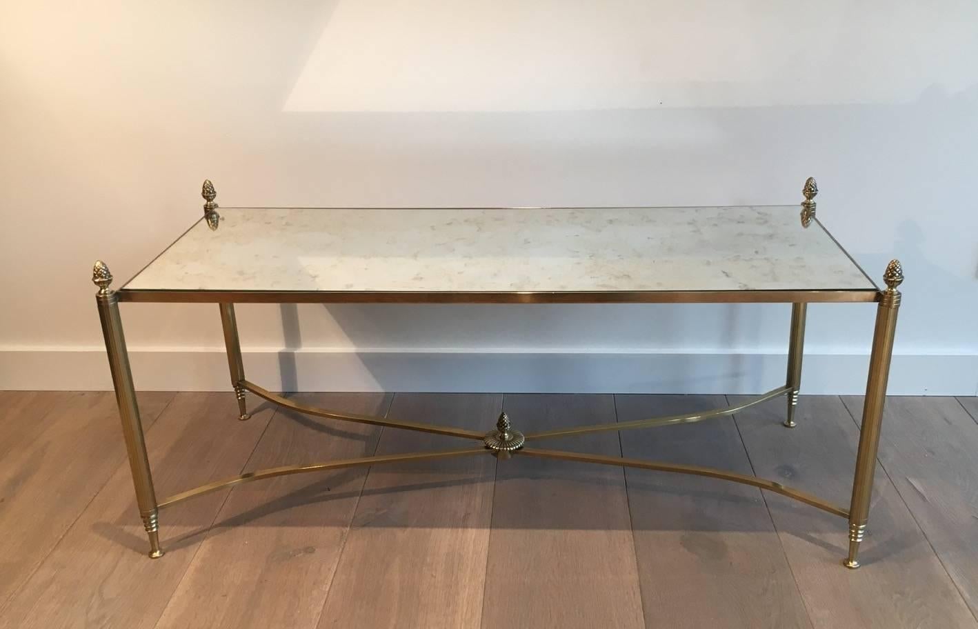 Neoclassical French Brass and Antiqued Mirror Coffee Table, 1940s
