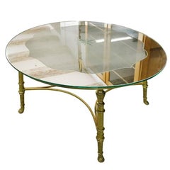 French Round Brass Coffee Table with Etched Glass Top