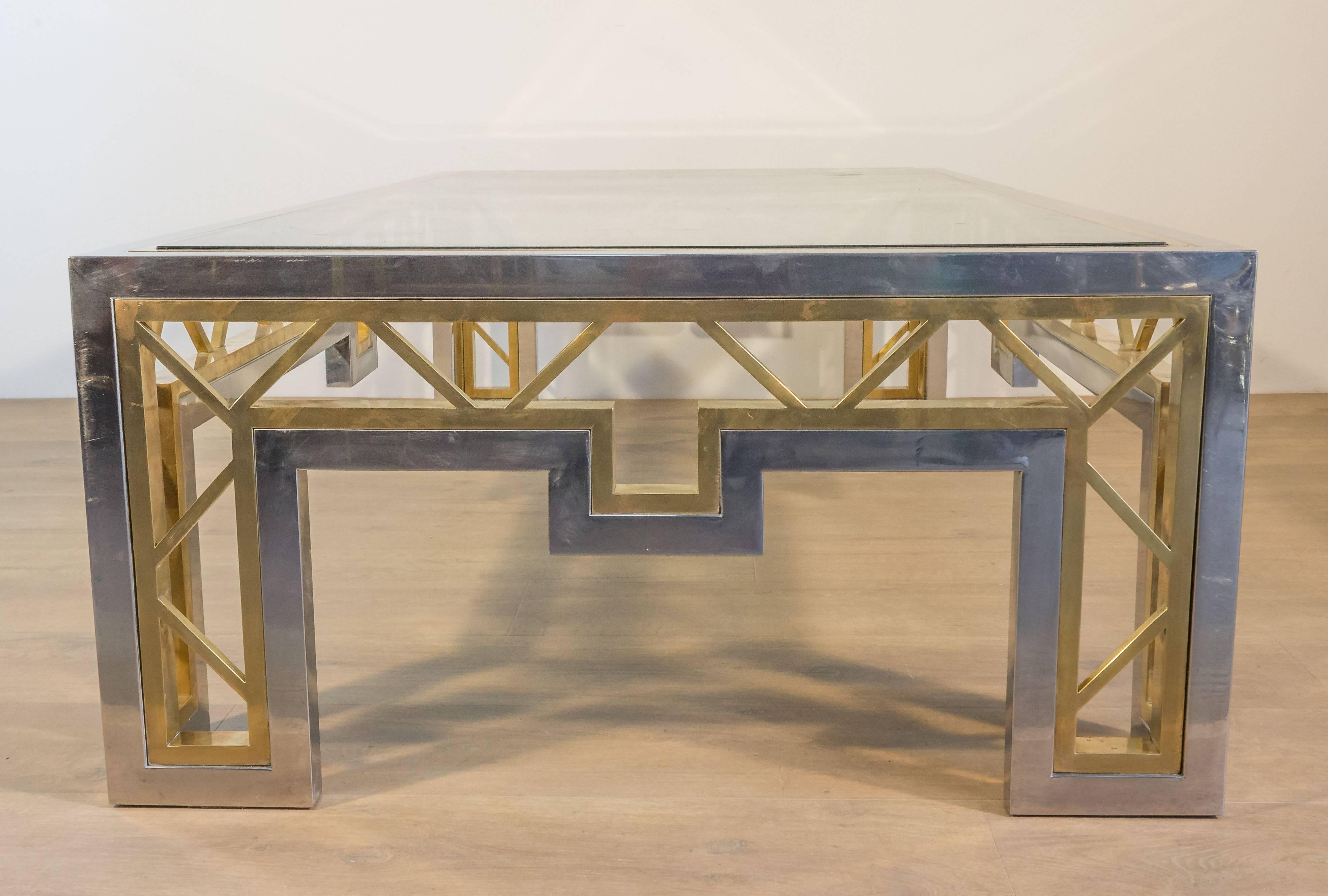 Mid-Century Modern French 1970s Polished Steel and Brass Coffee Table with Glass Top For Sale