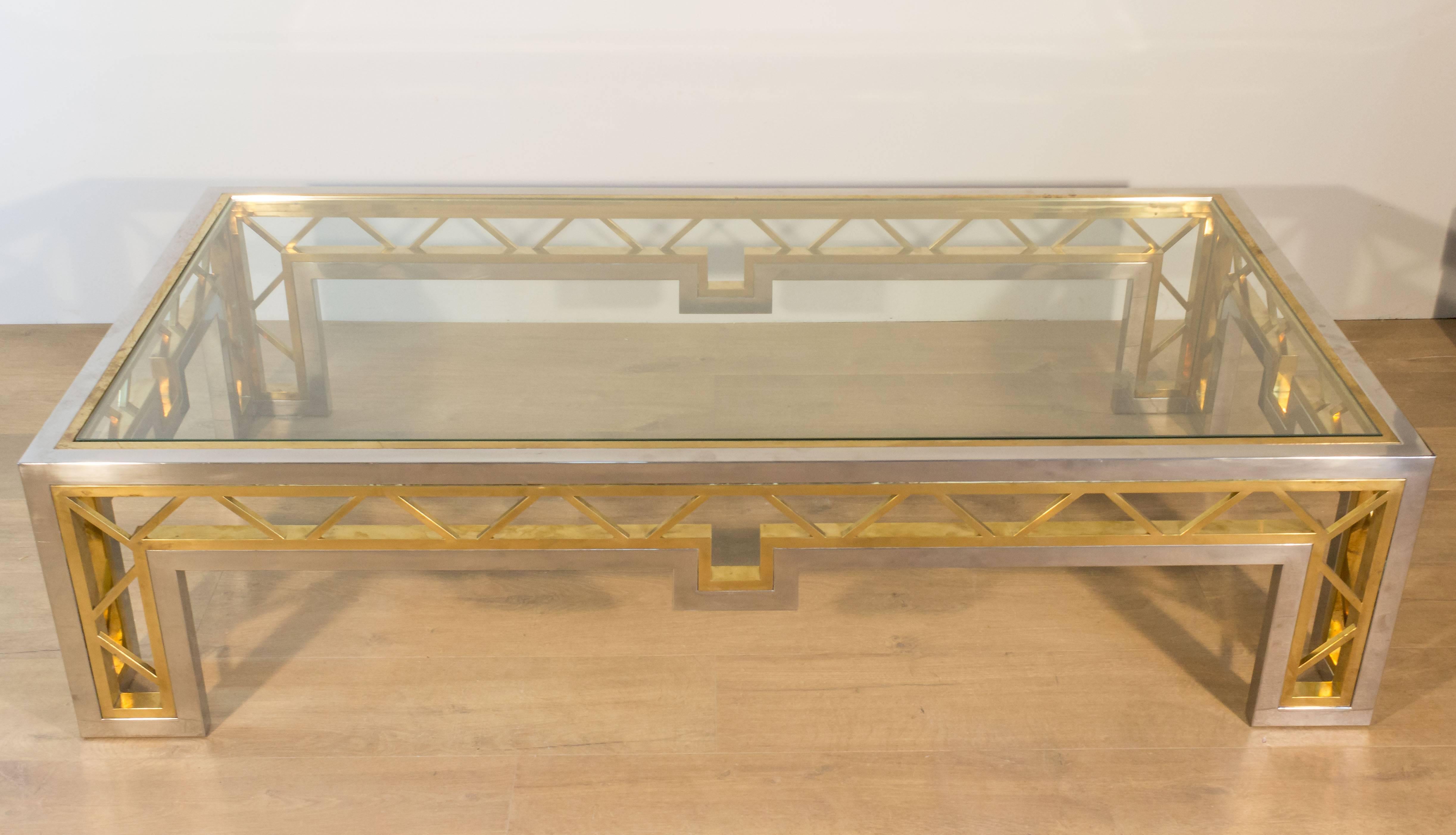 Late 20th Century French 1970s Polished Steel and Brass Coffee Table with Glass Top For Sale