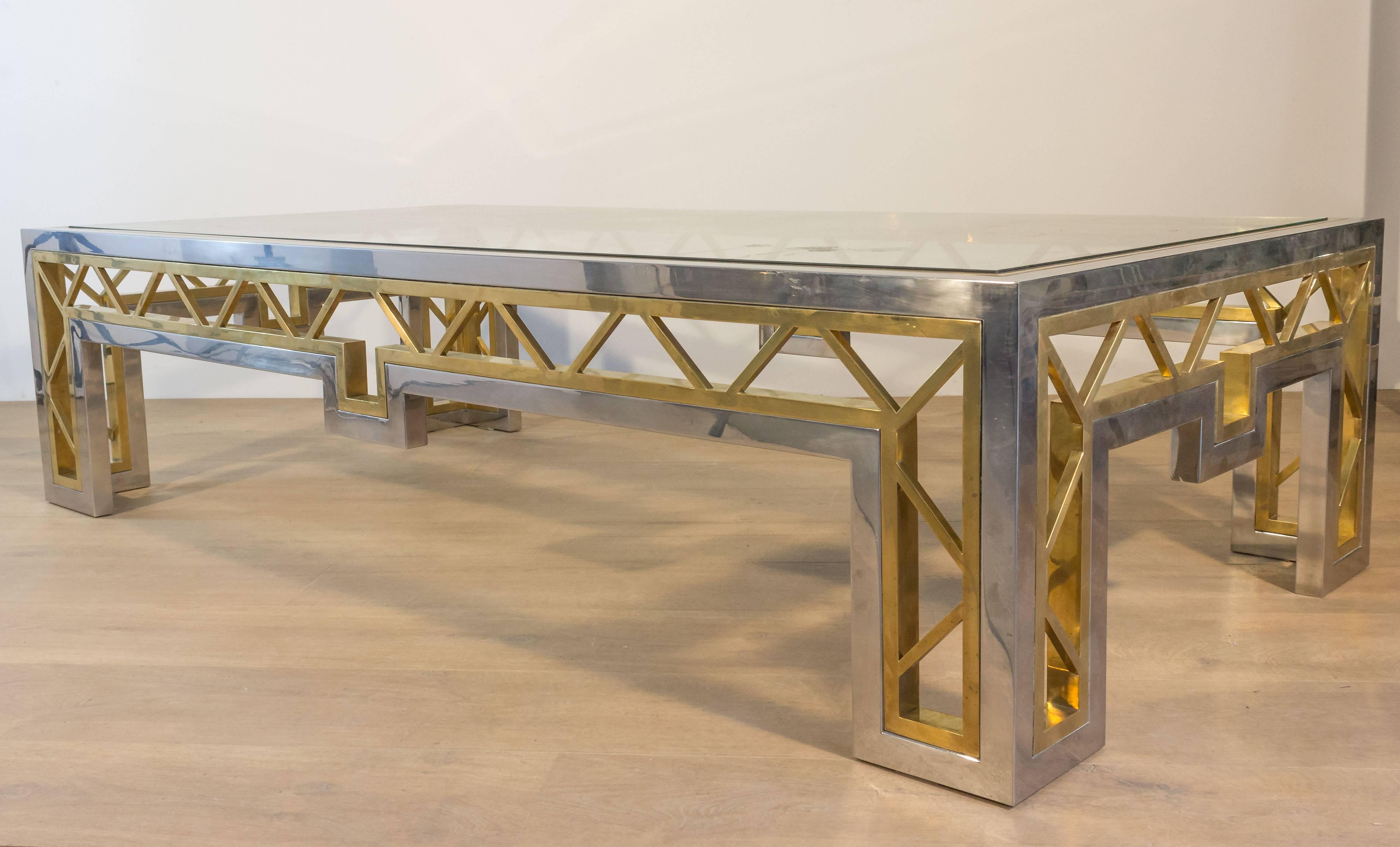 French 1970s Polished Steel and Brass Coffee Table with Glass Top For Sale 1