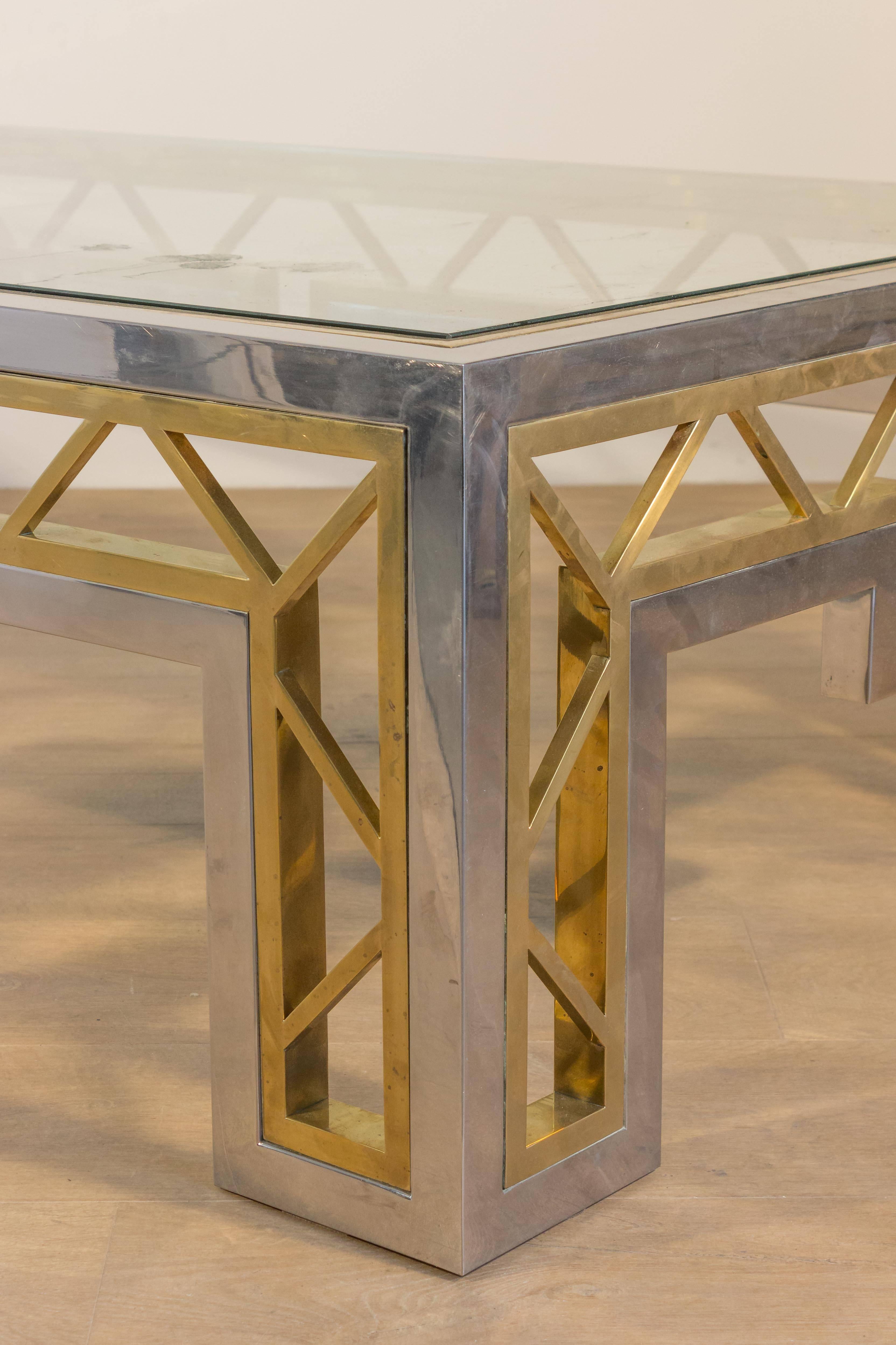 French 1970s Polished Steel and Brass Coffee Table with Glass Top For Sale 2