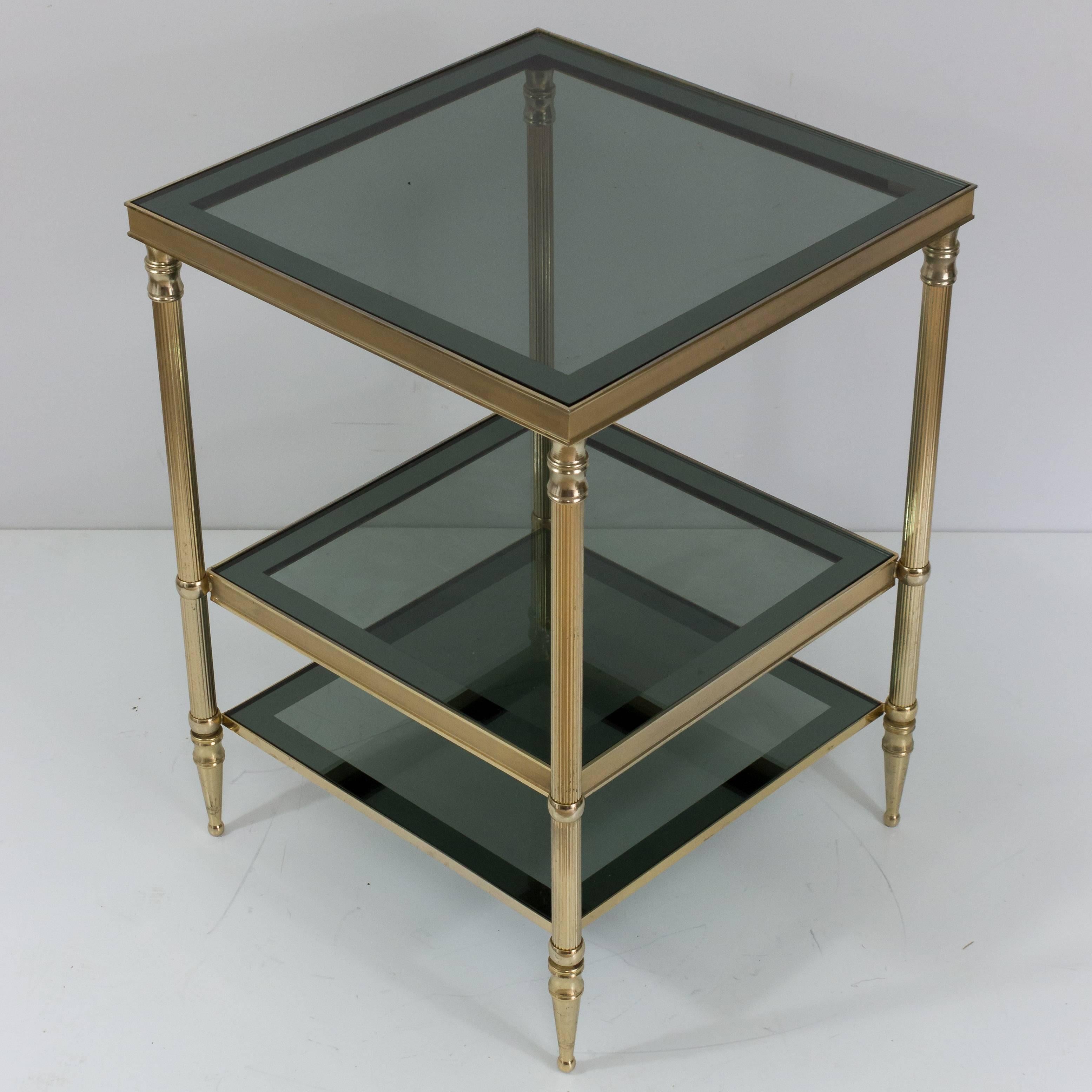 Mid-20th Century Pair of Brass Side Tables with Blue and Gray Glass Shelves
