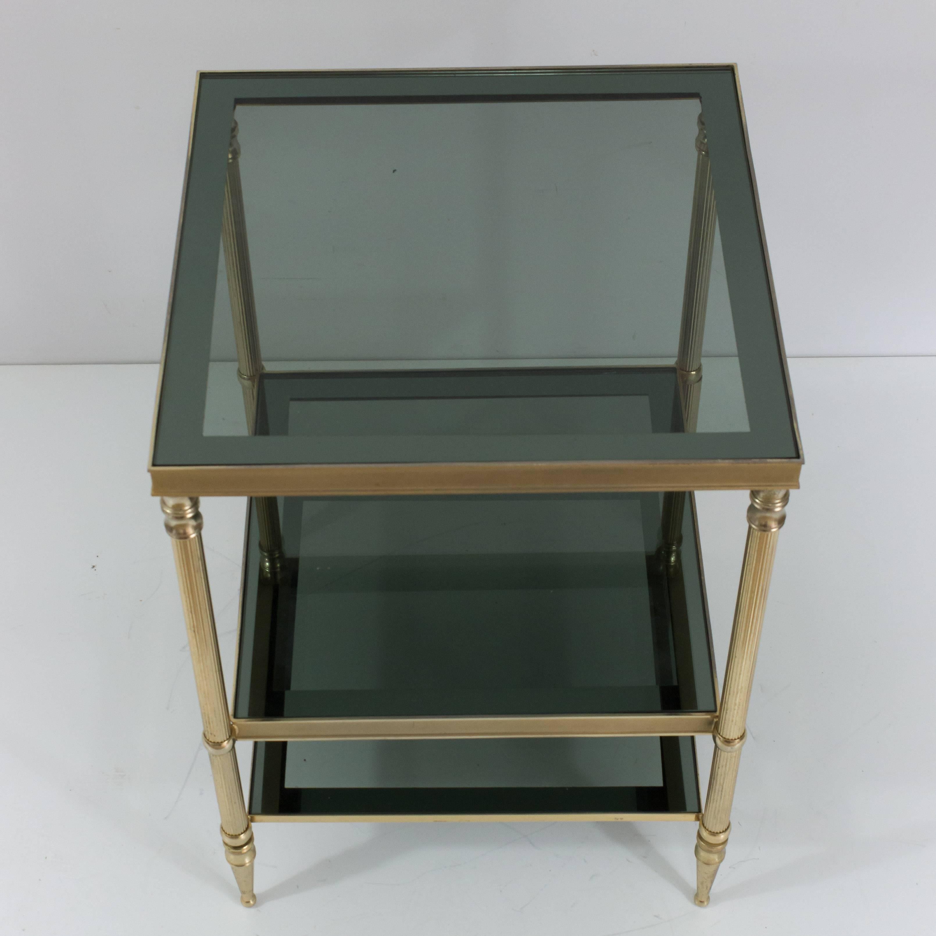 Neoclassical Pair of Brass Side Tables with Blue and Gray Glass Shelves
