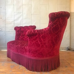 Unusual French Settee in Red Velvet with Bouillon Fringe