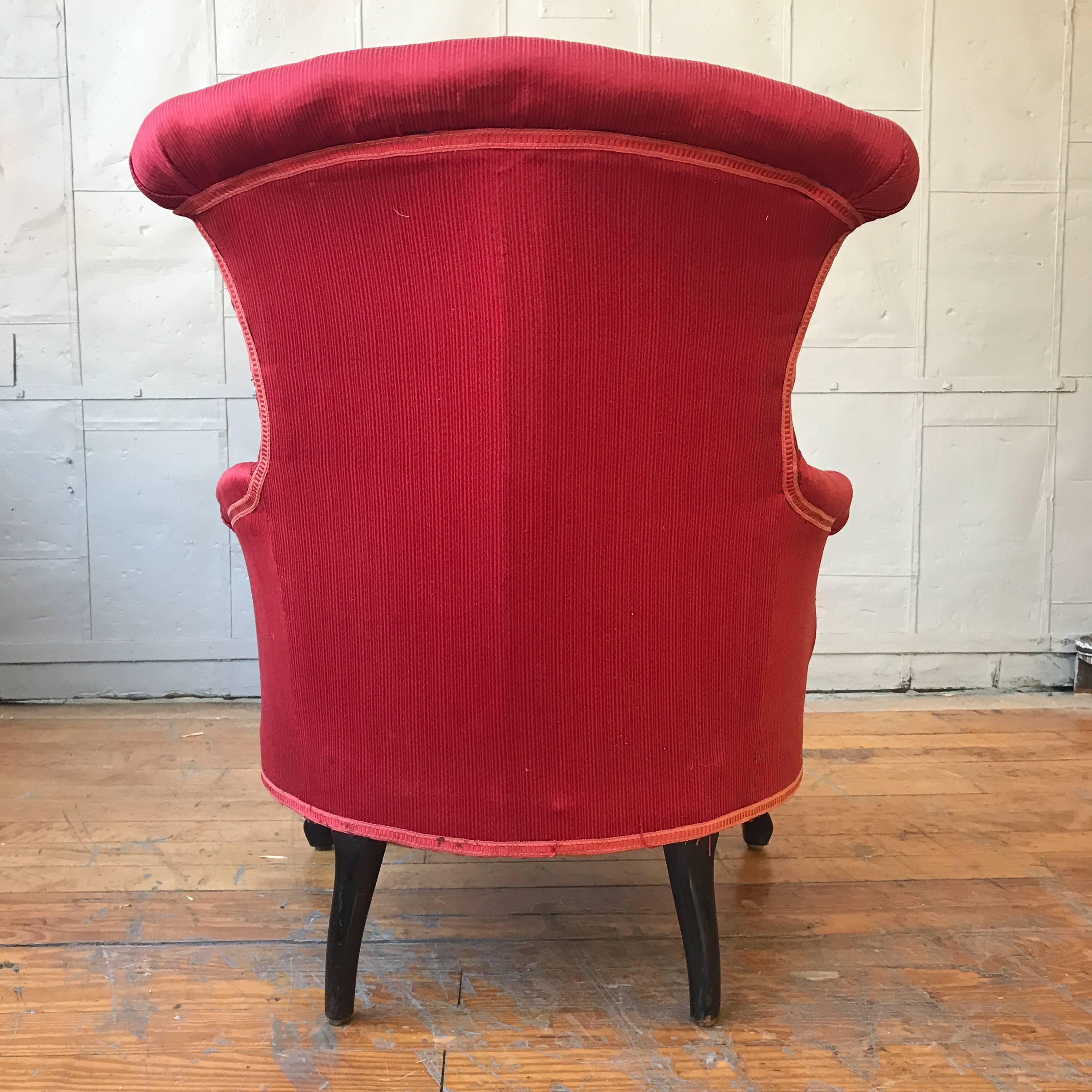 Pair of French Upholstered Armchairs in Red Fabric For Sale 2
