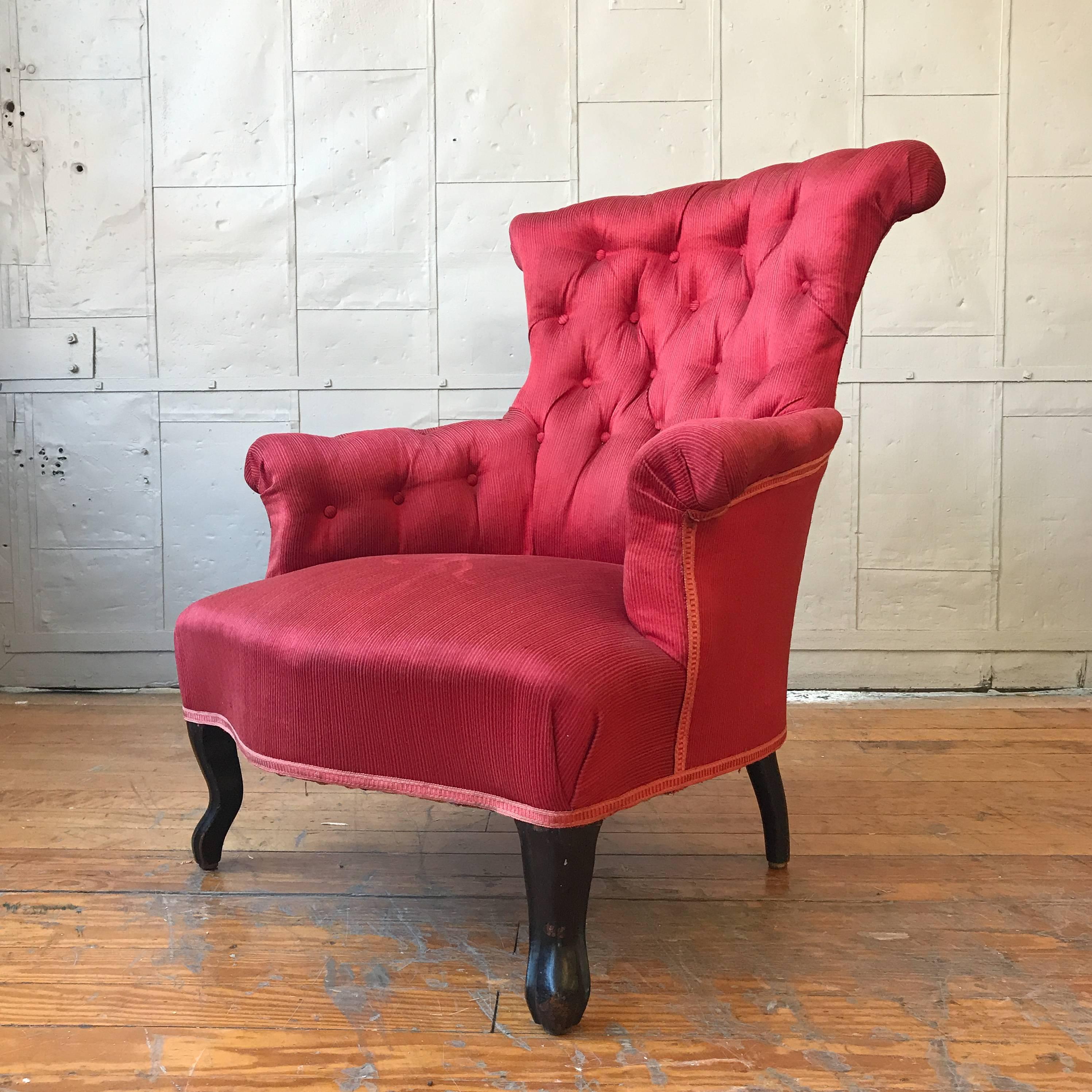 Napoleon III Pair of French Upholstered Armchairs in Red Fabric For Sale