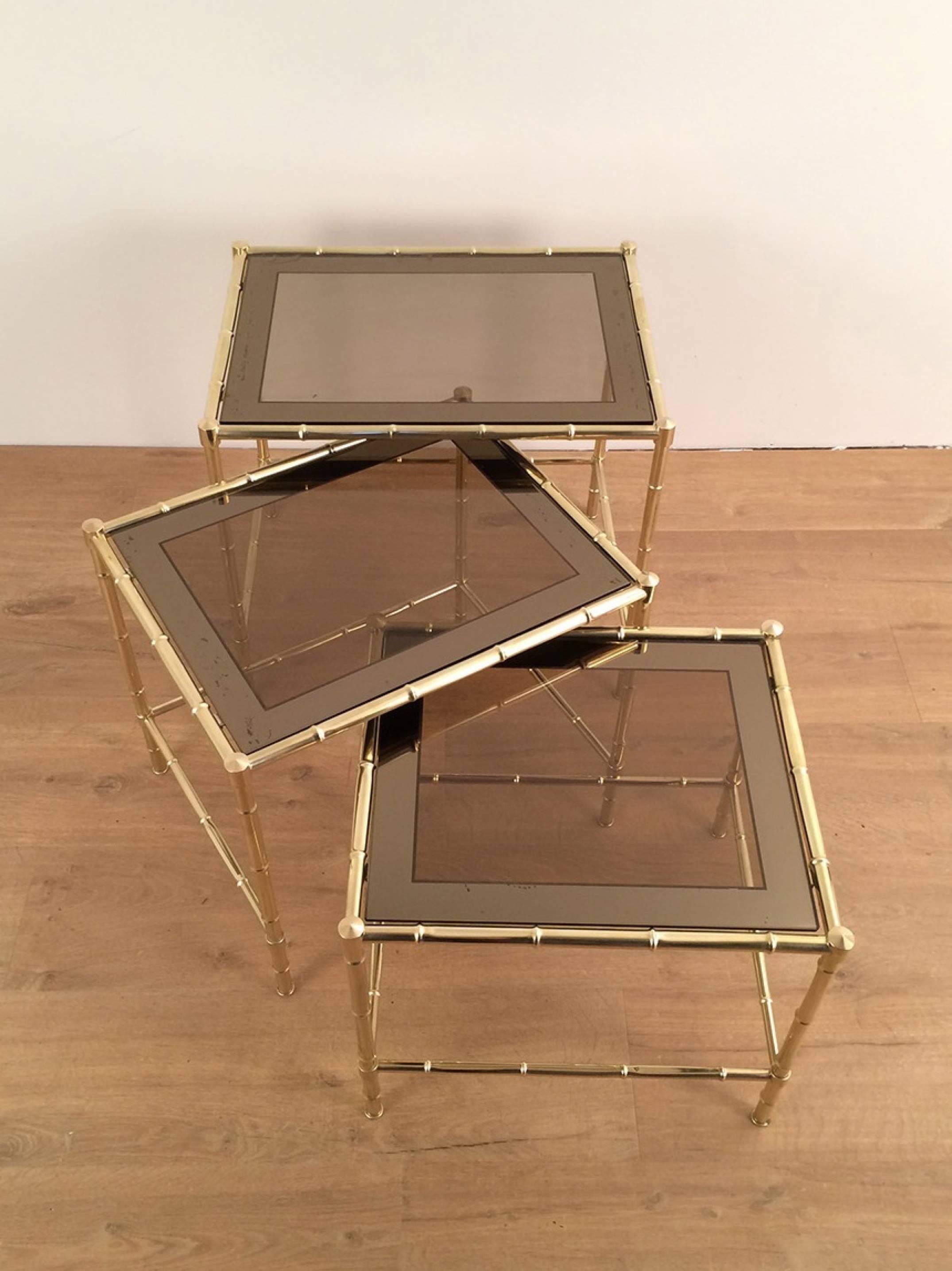 Mid-17th Century Set of Three Faux-Bamboo Brass Nesting Tables in the Style of Jacques Adnet