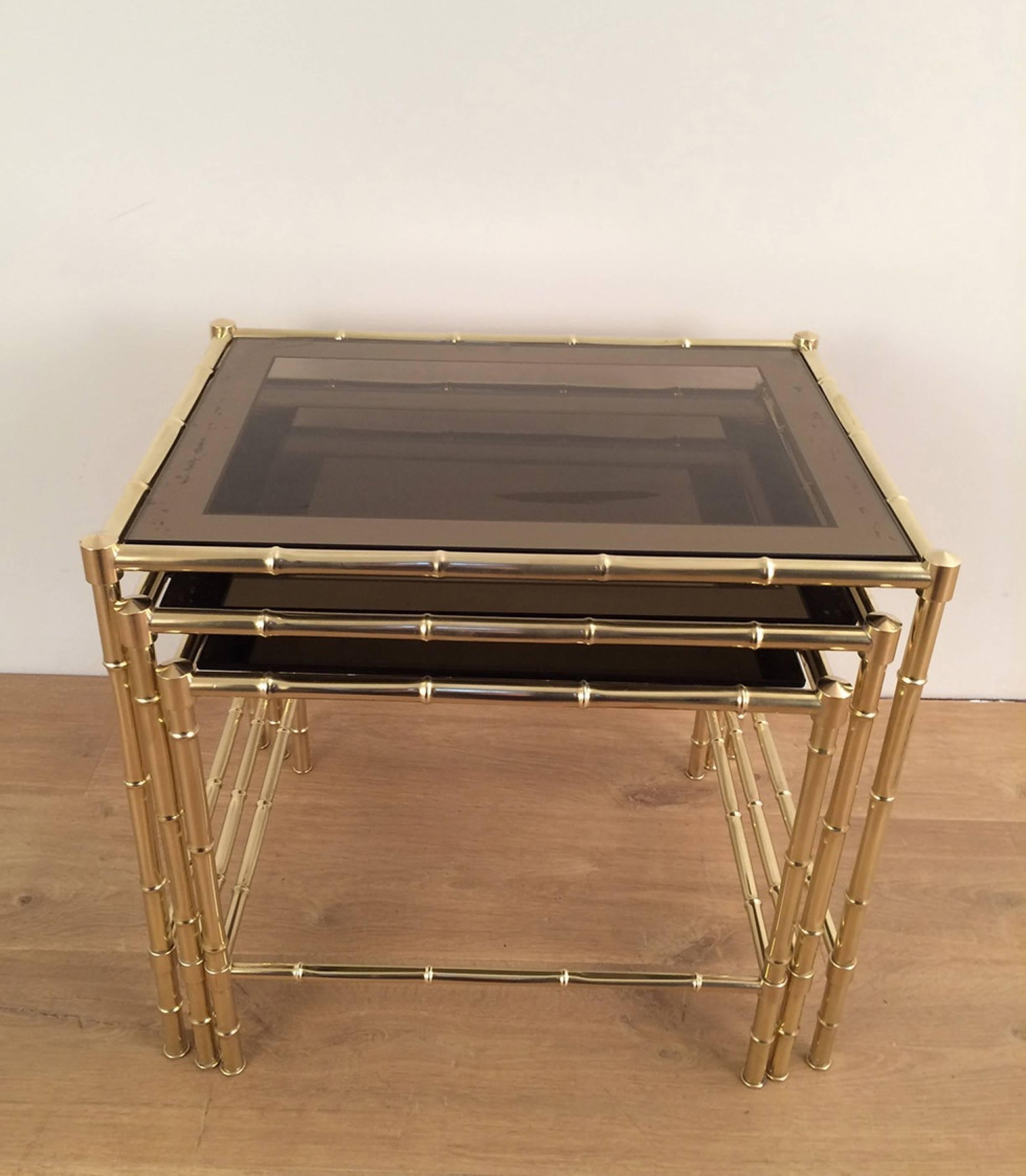French Set of Three Faux-Bamboo Brass Nesting Tables in the Style of Jacques Adnet