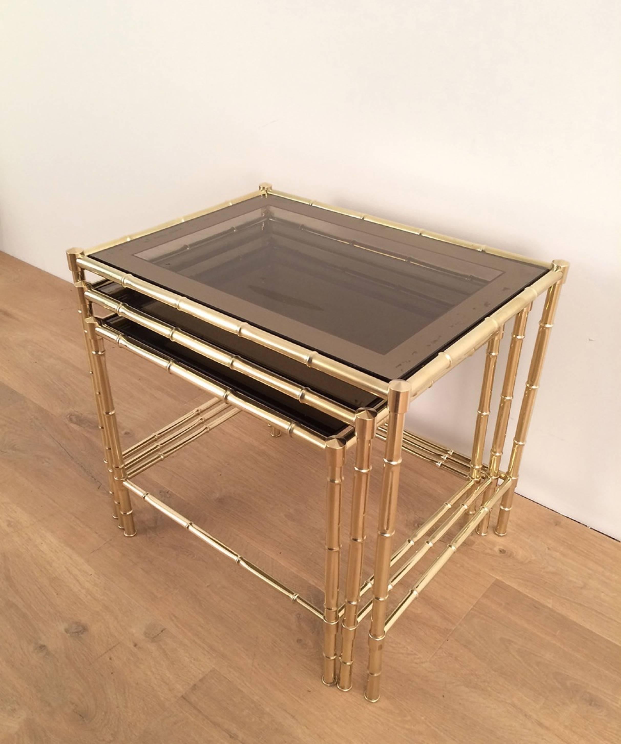 Mid-Century Modern Set of Three Faux-Bamboo Brass Nesting Tables in the Style of Jacques Adnet