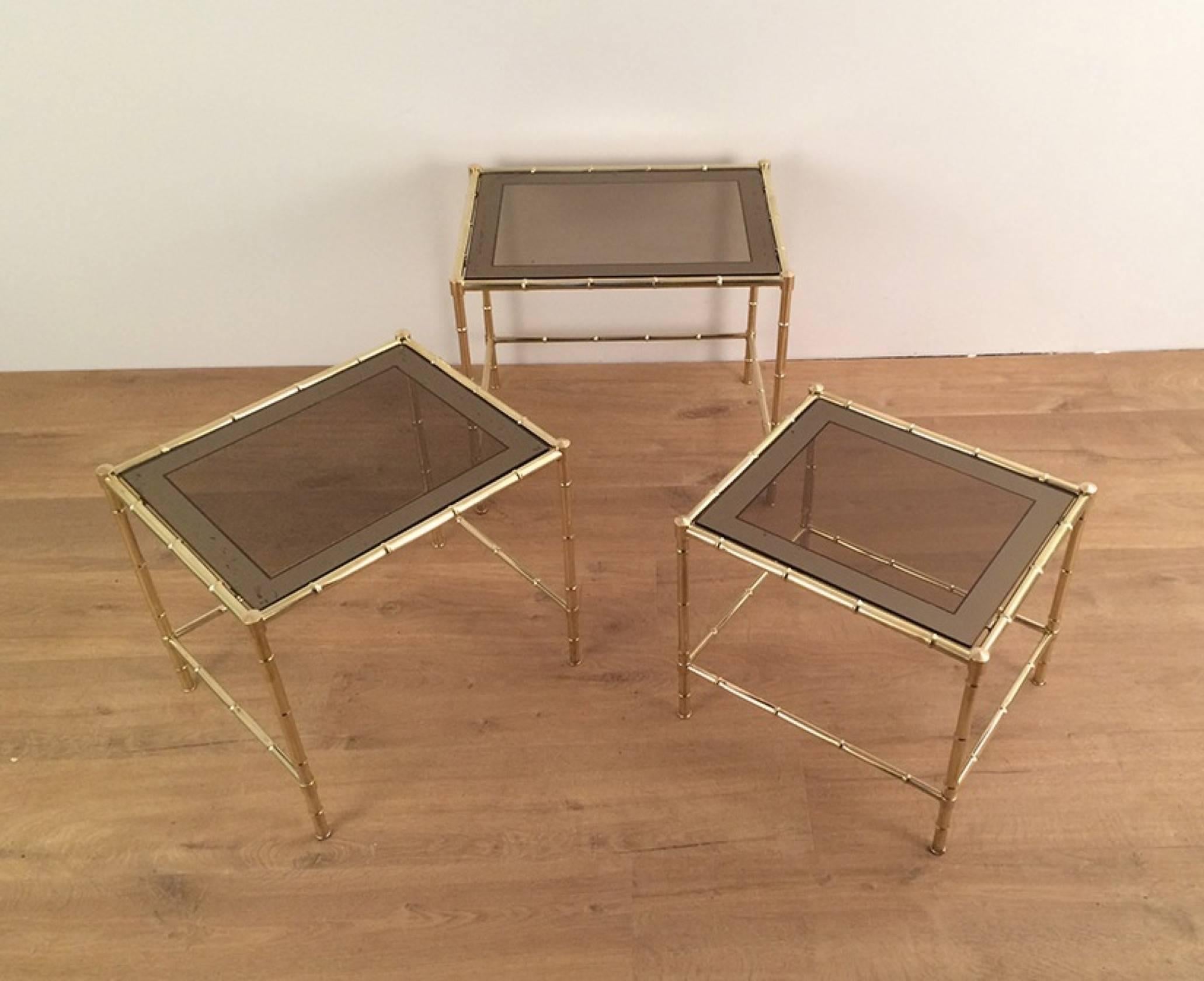 Set of Three Faux-Bamboo Brass Nesting Tables in the Style of Jacques Adnet In Good Condition In Buchanan, NY