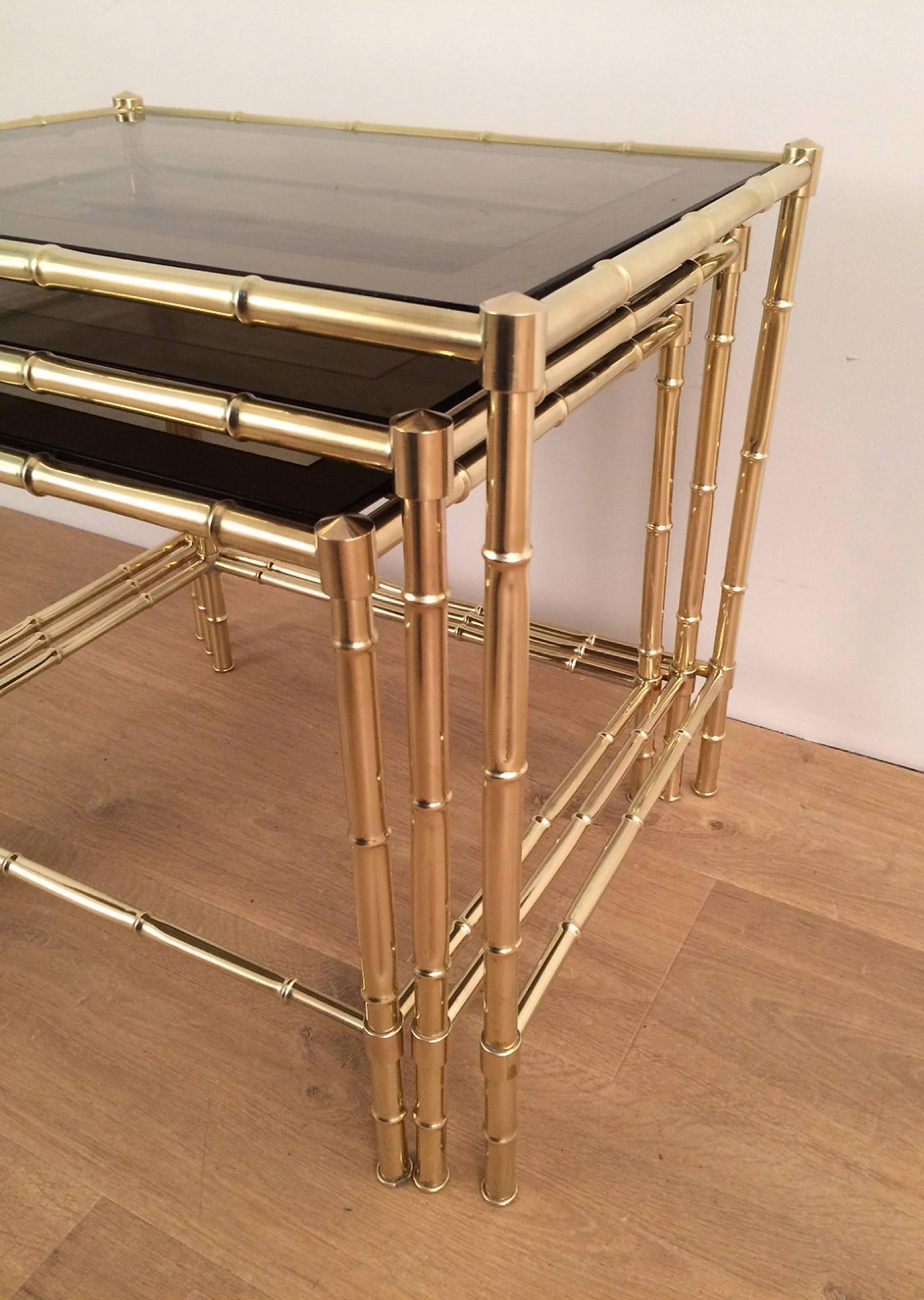 Set of Three Faux-Bamboo Brass Nesting Tables in the Style of Jacques Adnet 3