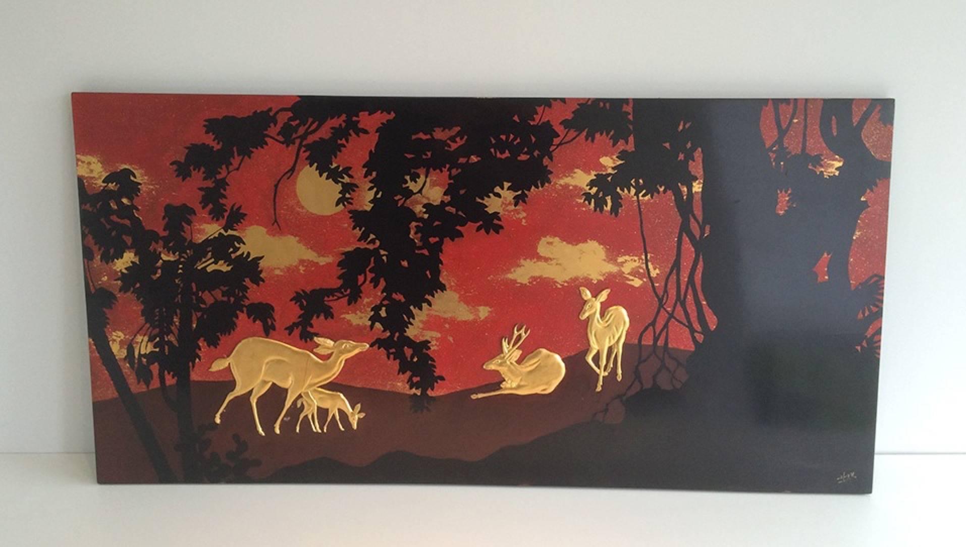 Art Deco Lacquered Panel with Deer Decor For Sale