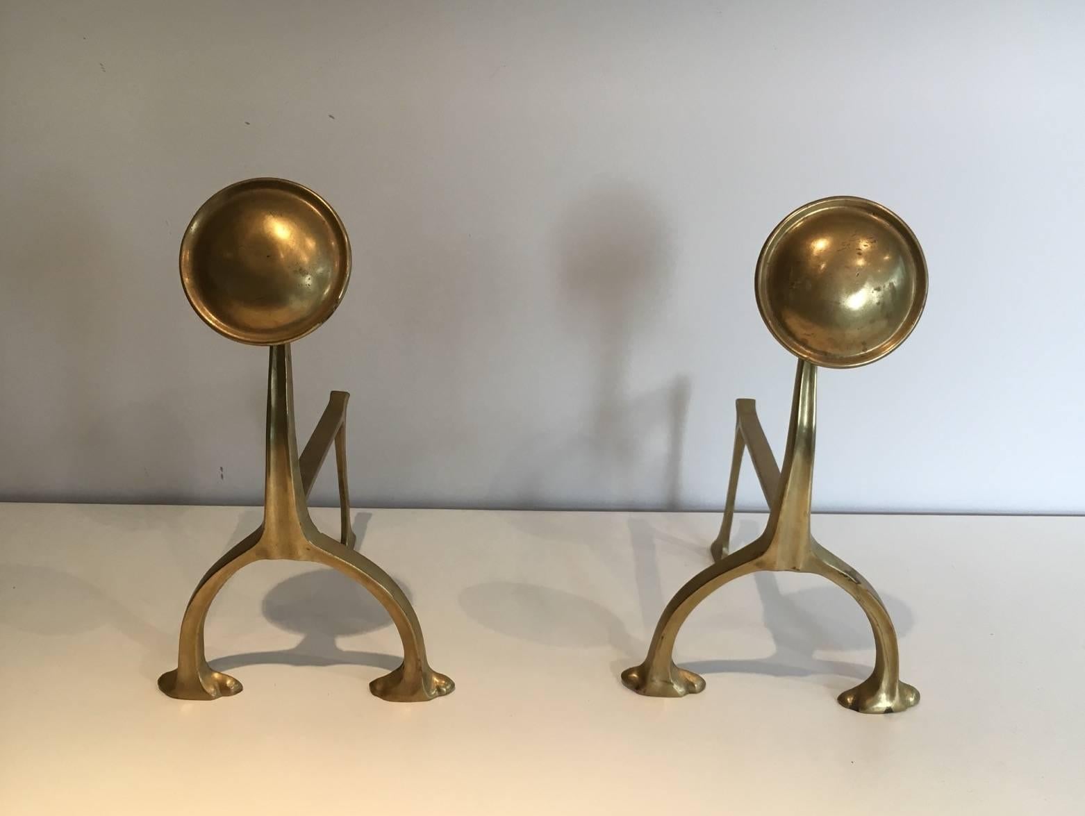 Pair of unique Arts & Crafts brass andirons, French, circa 1900

This piece is currently in France. Please allow us 2 to 4 weeks for delivery. Price includes delivery to our warehouse in Long Island City, NY.