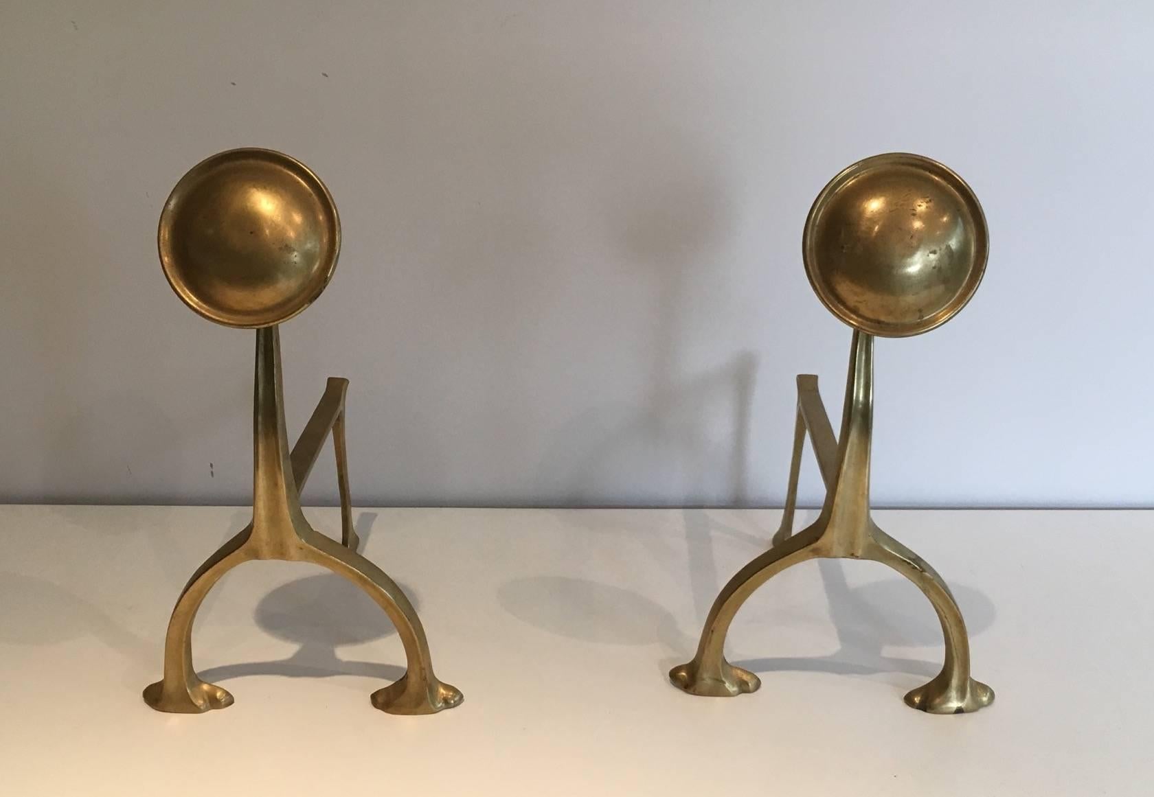 French Pair of Art & Crafts Brass Andirons