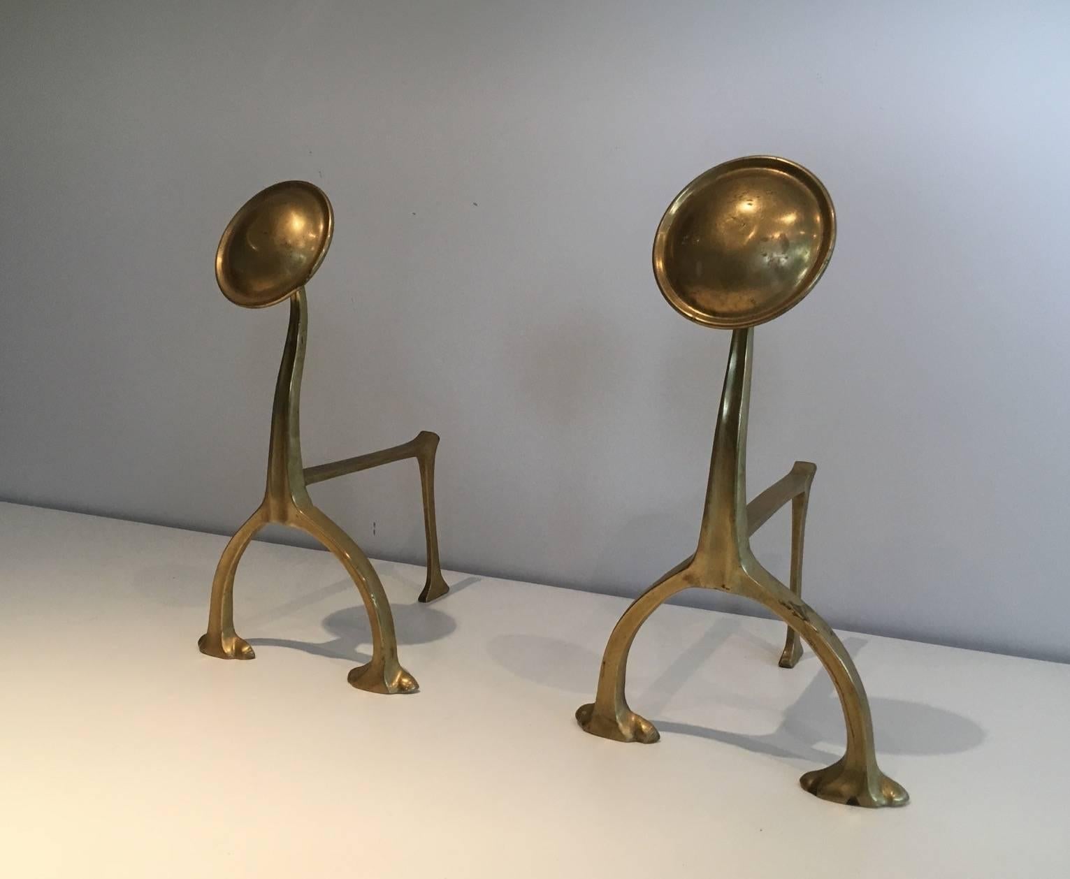 Pair of Art & Crafts Brass Andirons In Excellent Condition In Buchanan, NY