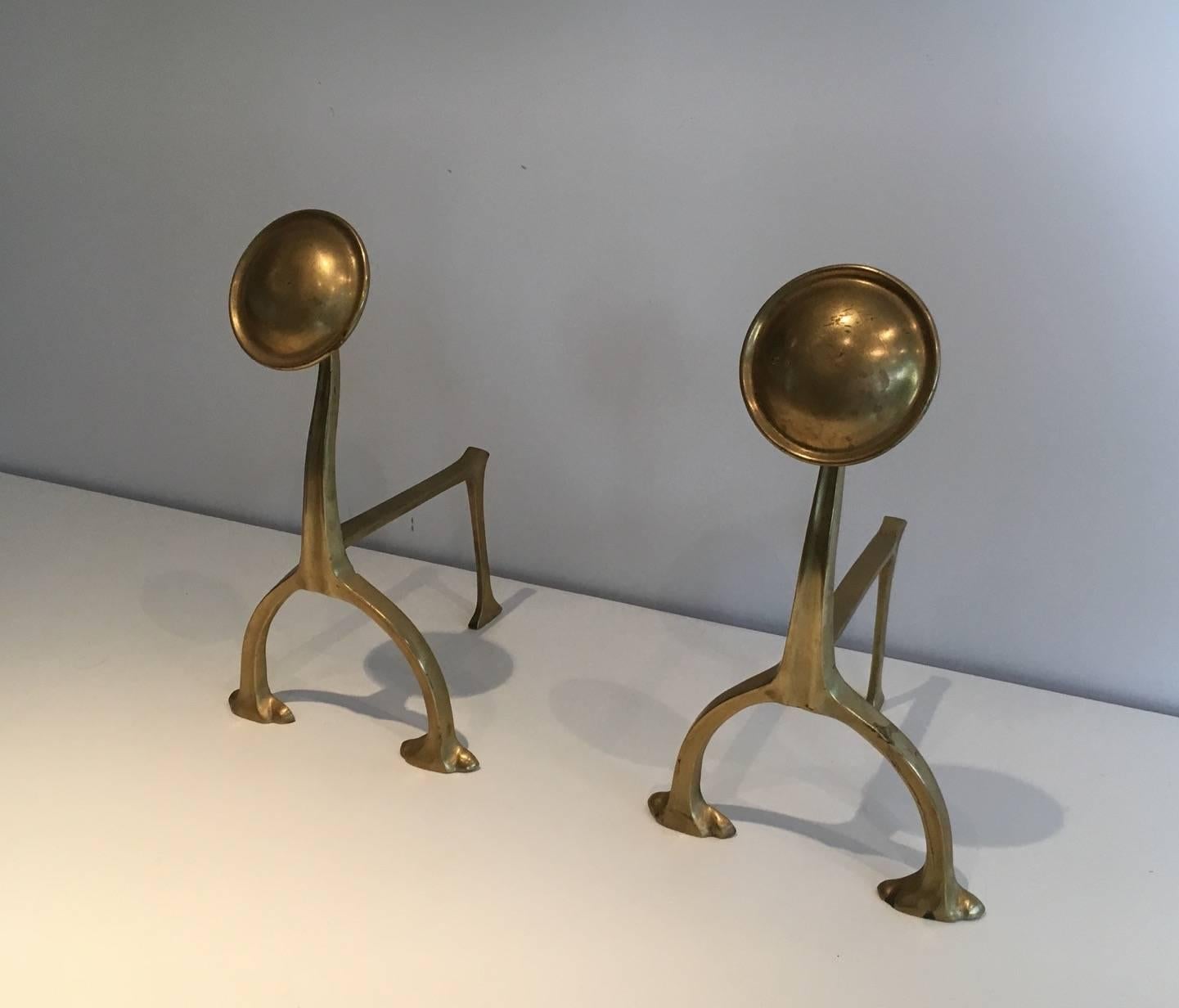 Early 20th Century Pair of Art & Crafts Brass Andirons