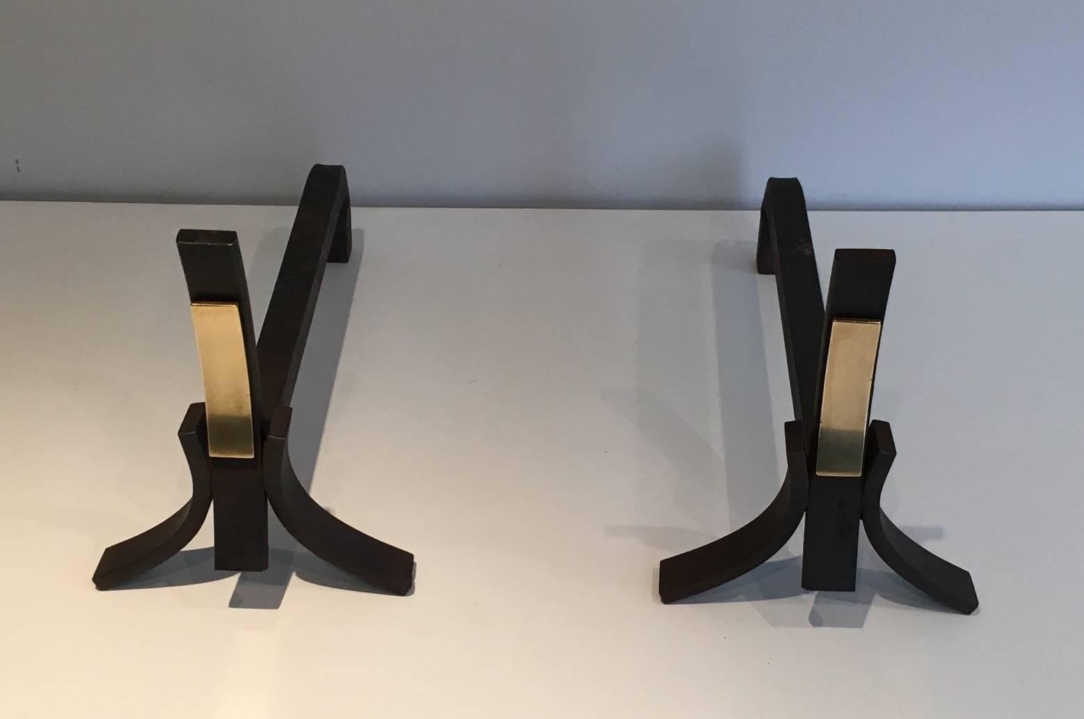French Pair of Brushed Steel and Brass Modernist Andirons For Sale