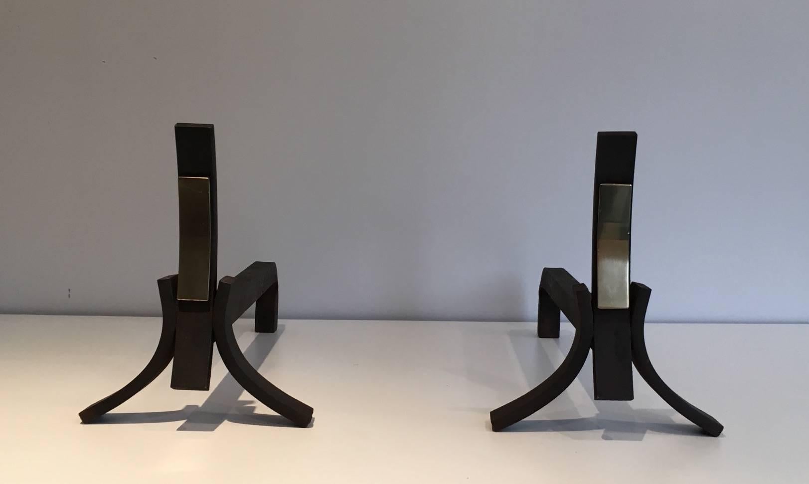 Mid-20th Century Pair of Brushed Steel and Brass Modernist Andirons For Sale