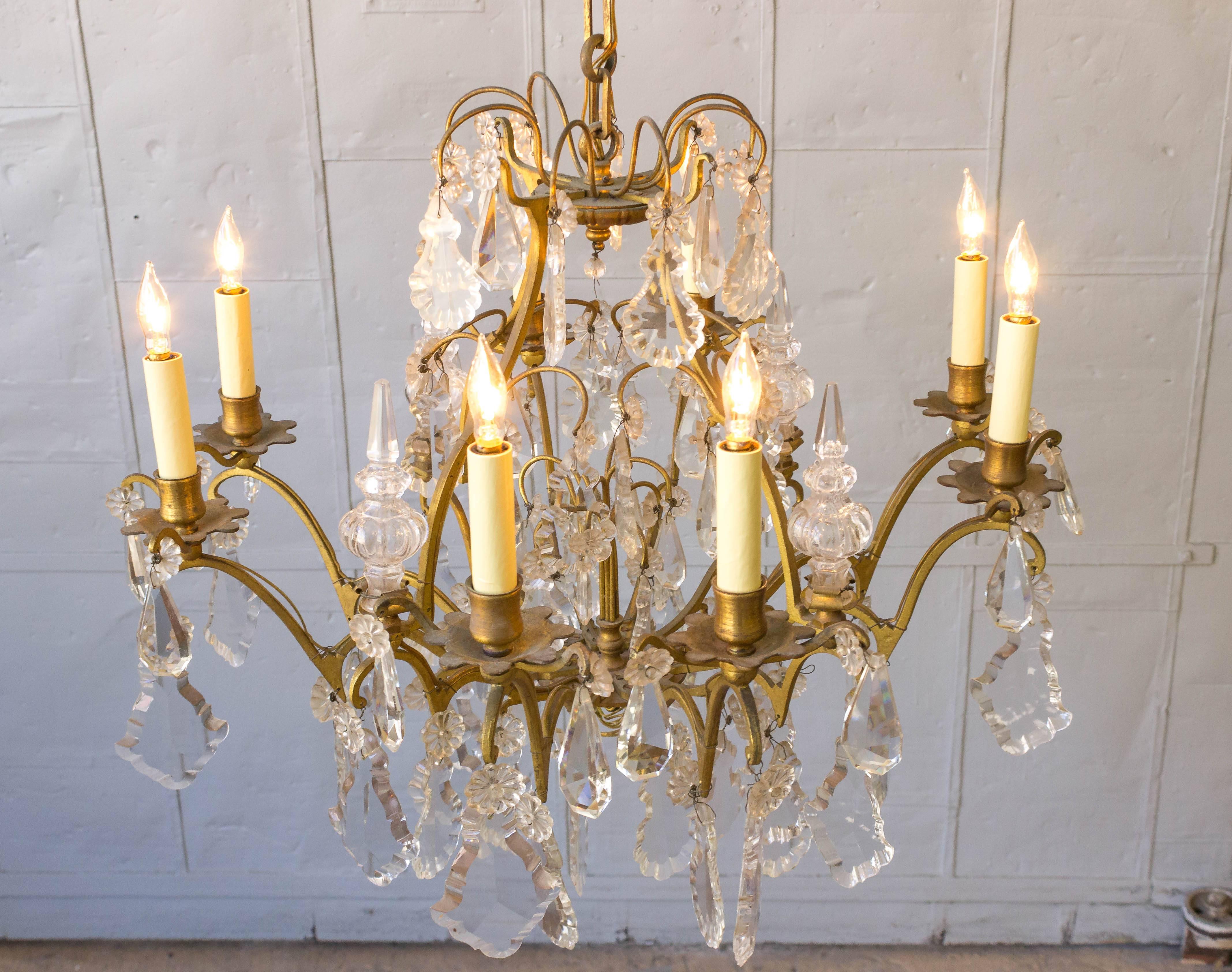 French Gilt Metal and Crystal Ten-Arm Chandelier In Good Condition In Buchanan, NY