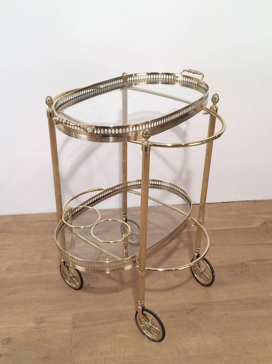 Neoclassical 1960's French Oval Brass Bar Cart with Removable Trays