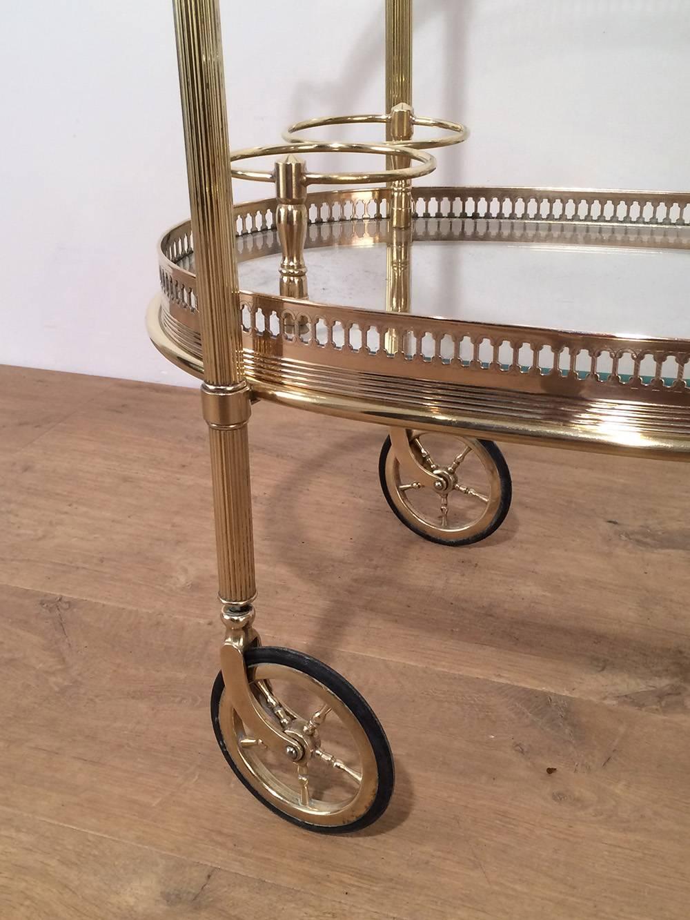 1960's French Oval Brass Bar Cart with Removable Trays 2
