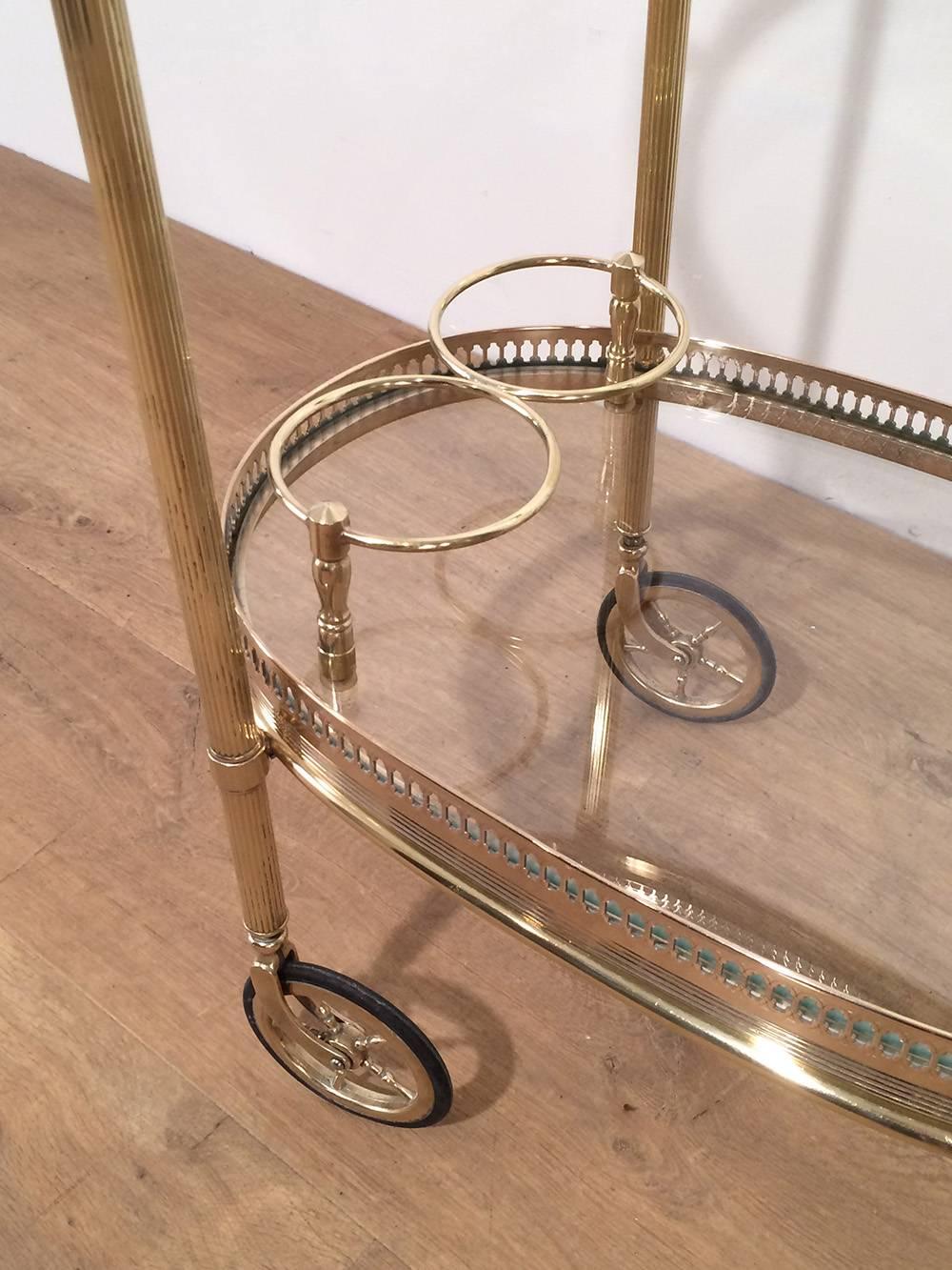 1960's French Oval Brass Bar Cart with Removable Trays 3