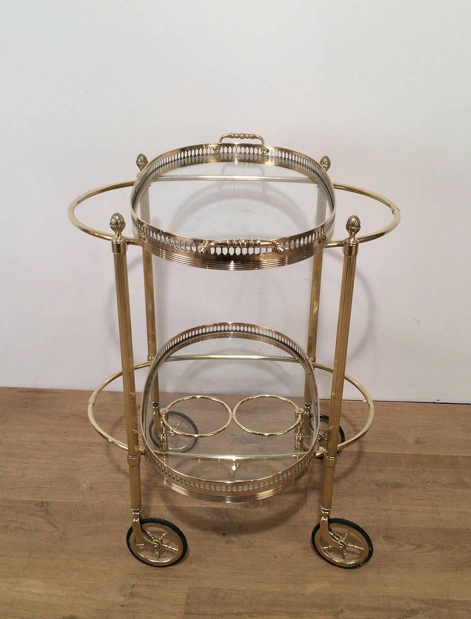 1960's French Oval Brass Bar Cart with Removable Trays 5