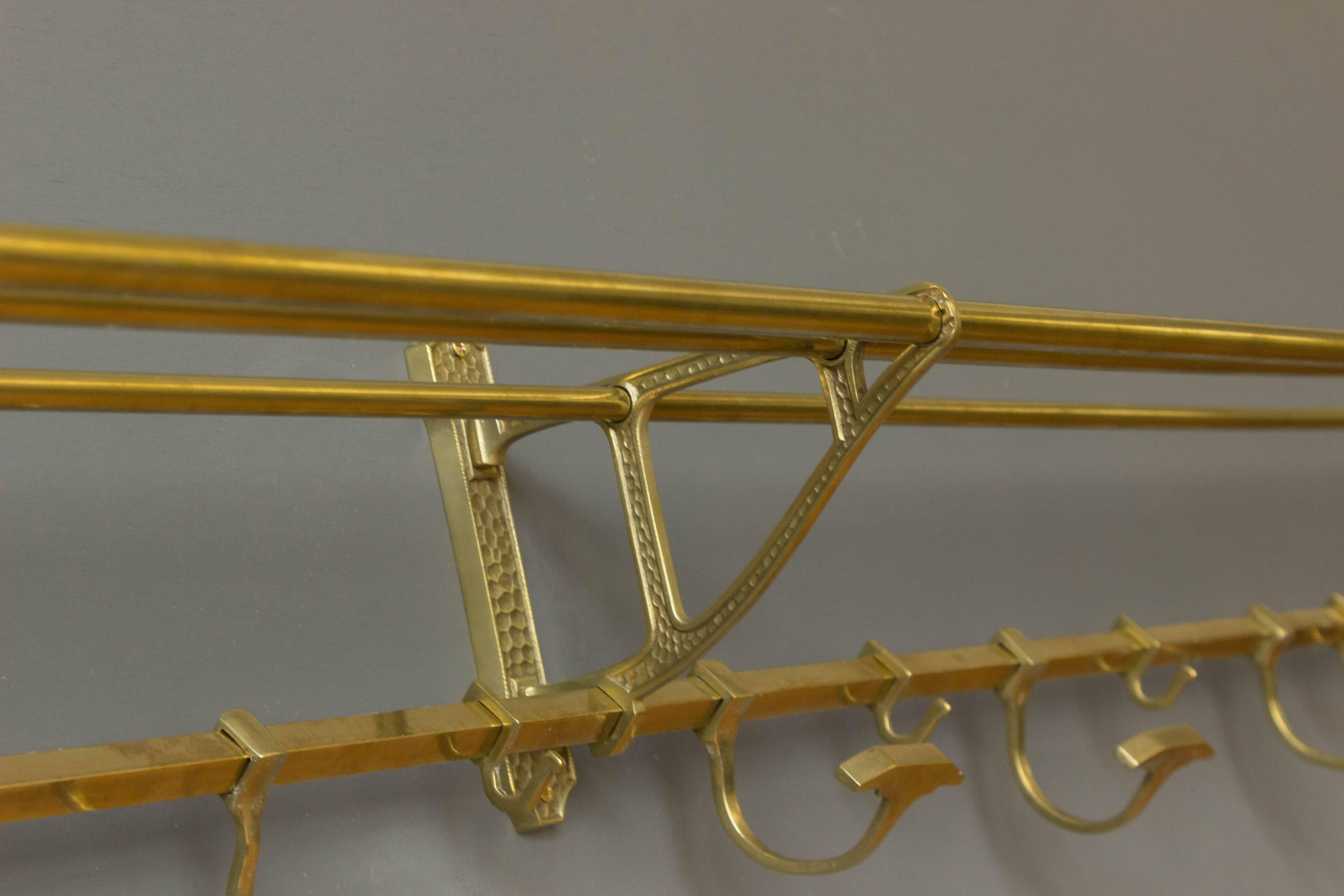 Early 20th Century Wide Brass Coat Rack with Hooks