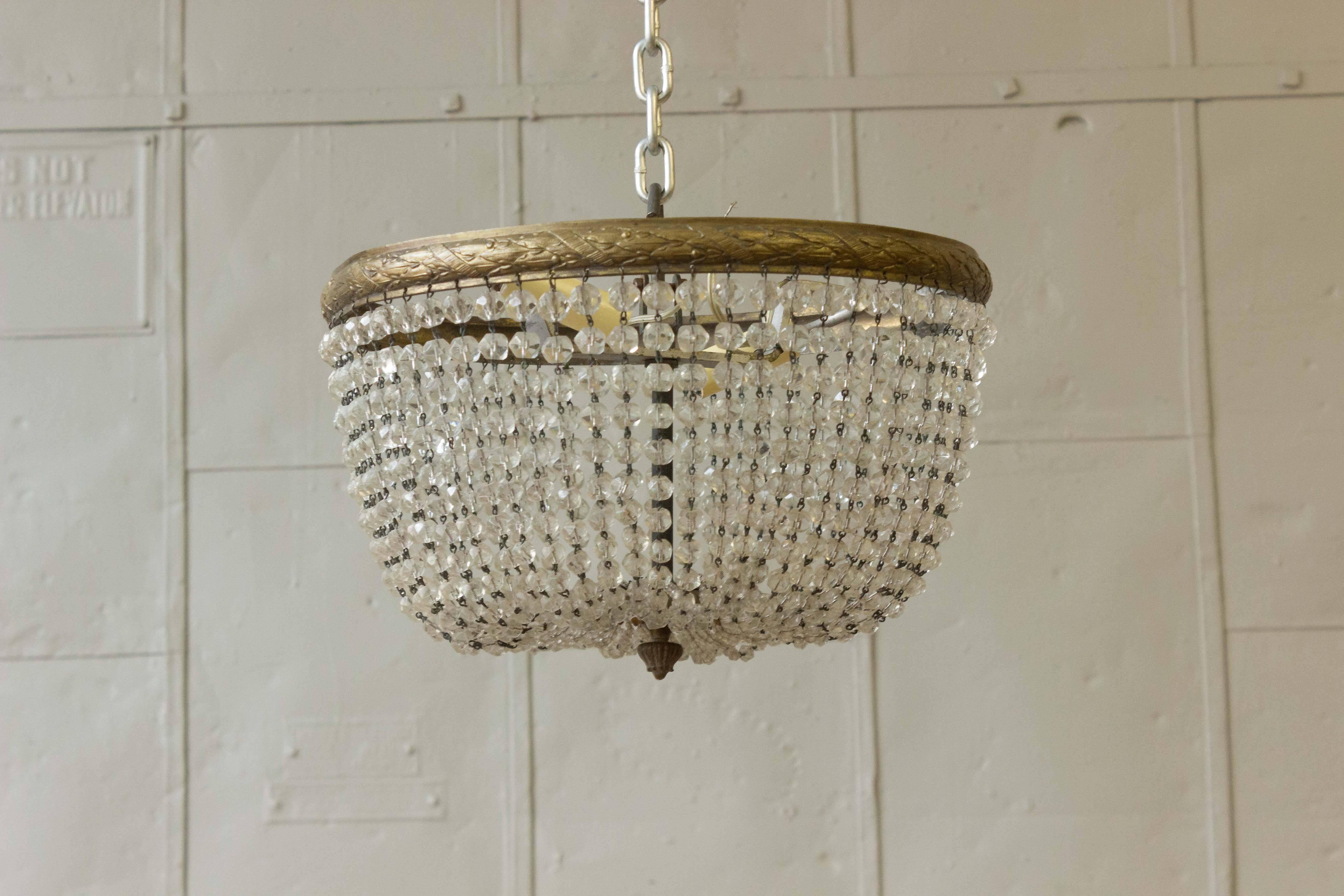 Small French Brass & Glass Beaded Ceiling Fixture In Good Condition For Sale In Buchanan, NY
