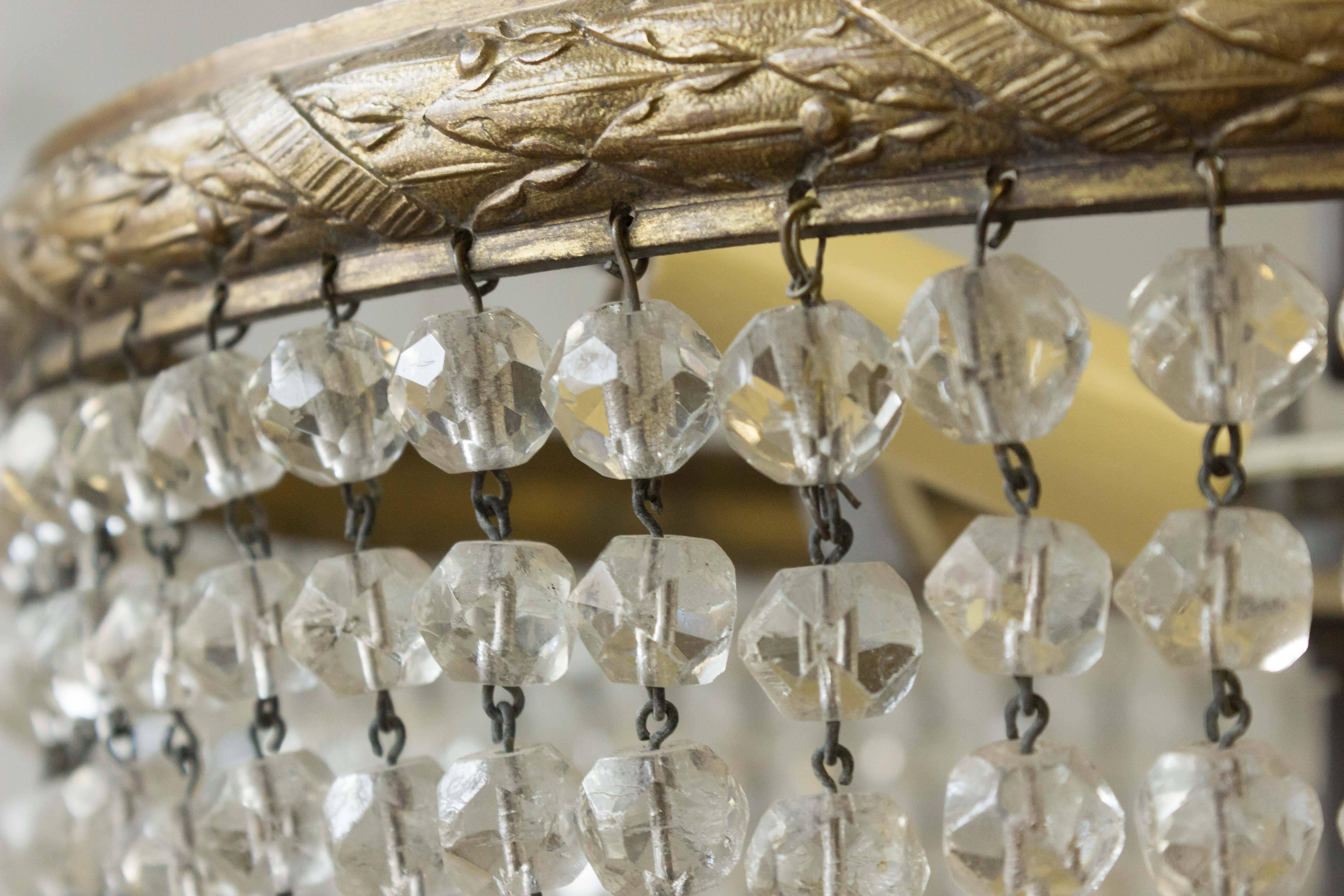 Neoclassical Small French Brass & Glass Beaded Ceiling Fixture For Sale