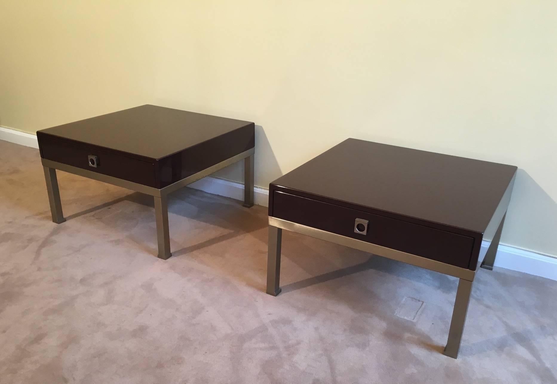 Brushed 1970s French Pair of Side Tables by Guy Lefèvre for Maison Jansen