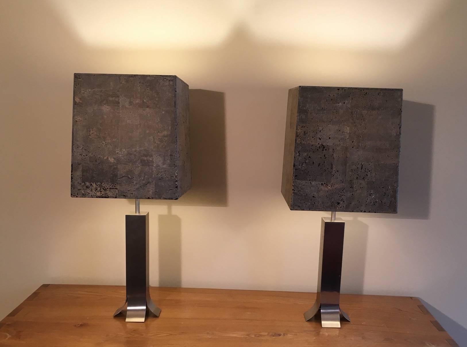 Guy Lefèvre pair of lamps made of brushed steel with original shades.

 Also available and sold separately is a Guy Lefèvre desk made of leather, lacquered wood and accented with brushed steel, as well as Guy Lefèvre Book Shelf made of lacquered
