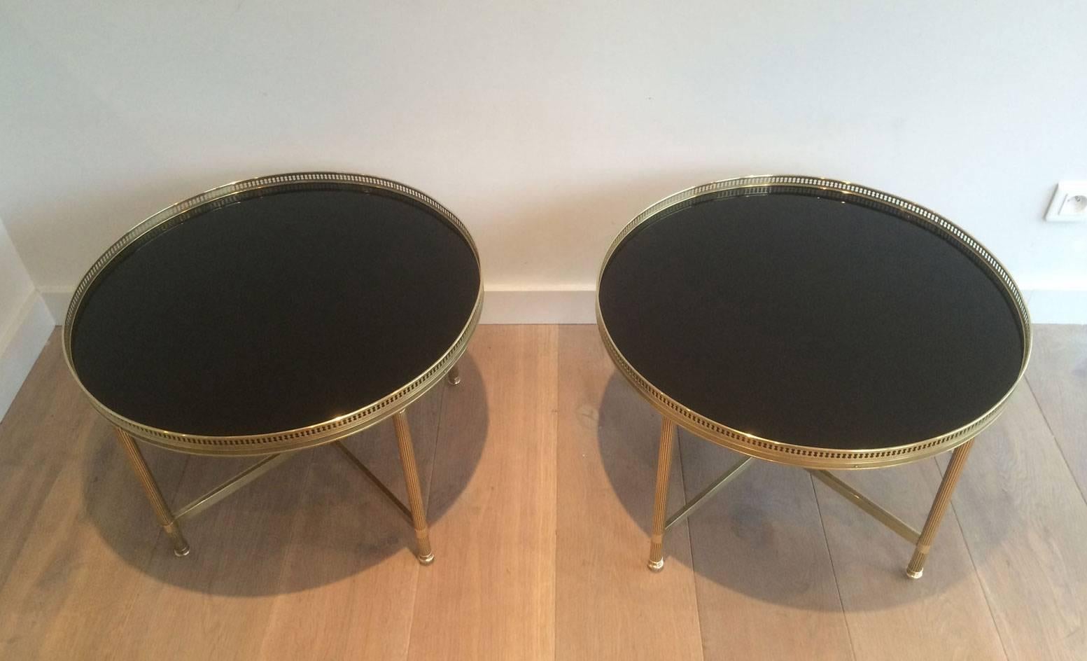 French Pair of Round Brass End Tables with Black Glass Tops