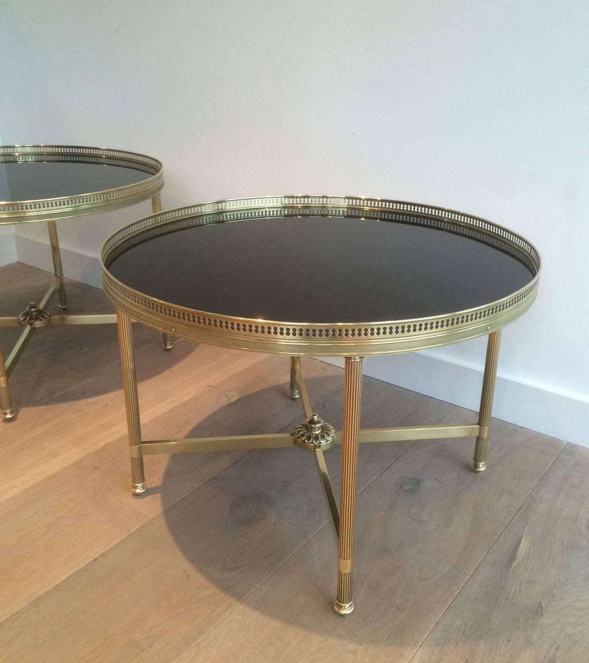 Lacquered Pair of Round Brass End Tables with Black Glass Tops