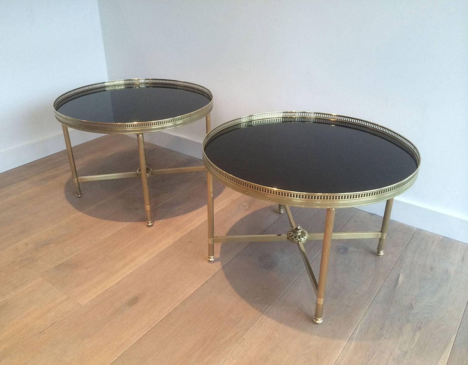 Neoclassical Pair of Round Brass End Tables with Black Glass Tops