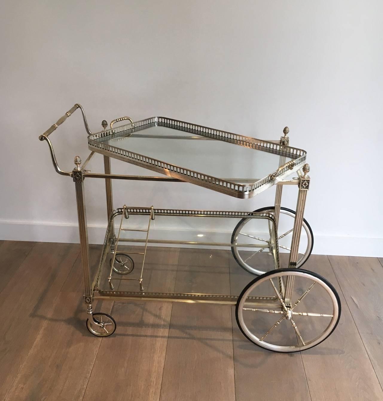 Neoclassical Silvered Brass Bar Cart with Removable Tray Attributed to Maison Baguès