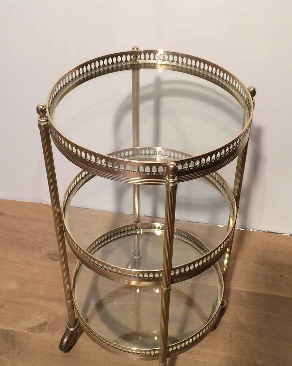 French Small Round Brass Three-Tiered Table on Casters by Maison Jansen