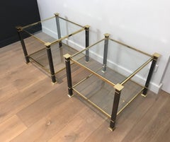 Pair of Brass and Black Lacquered End Tables with Clear Glass