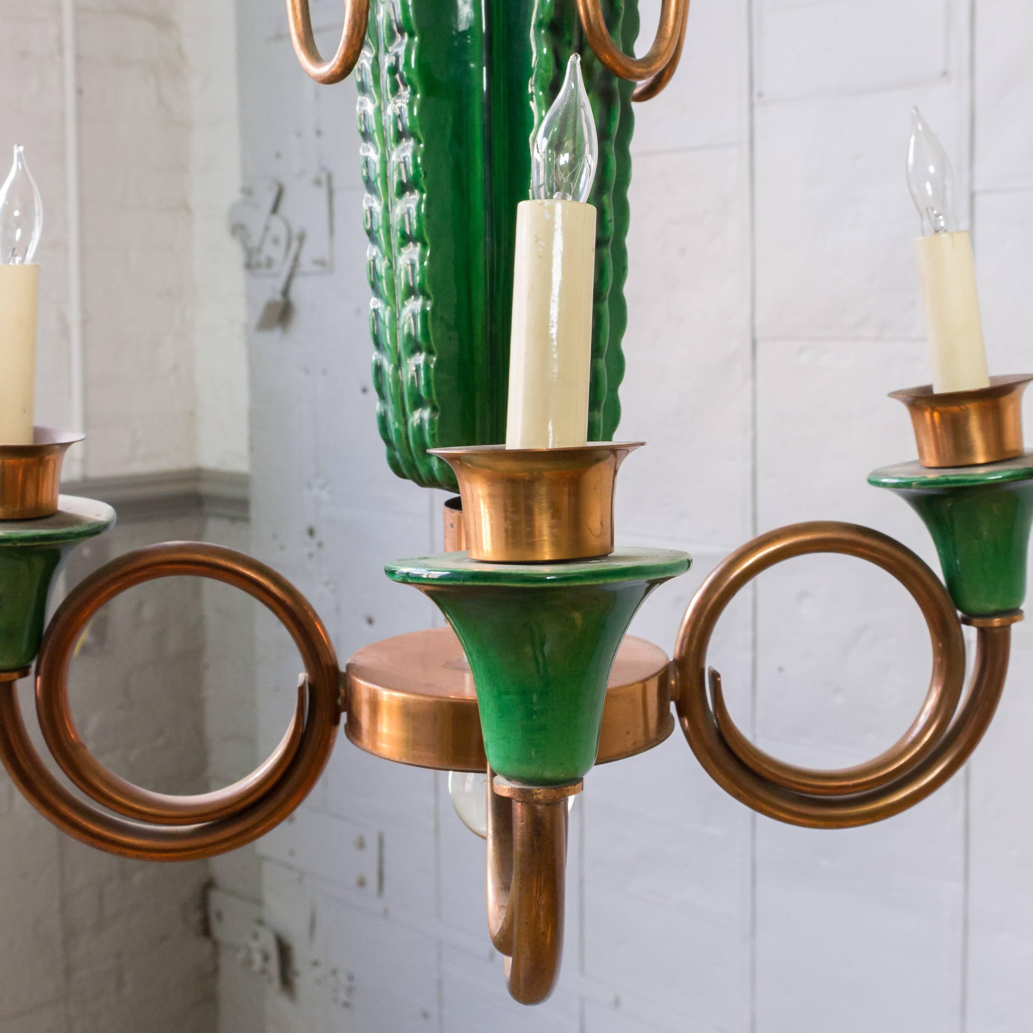 French 1940s Ceramic and Copper Art Deco Chandelier For Sale 2