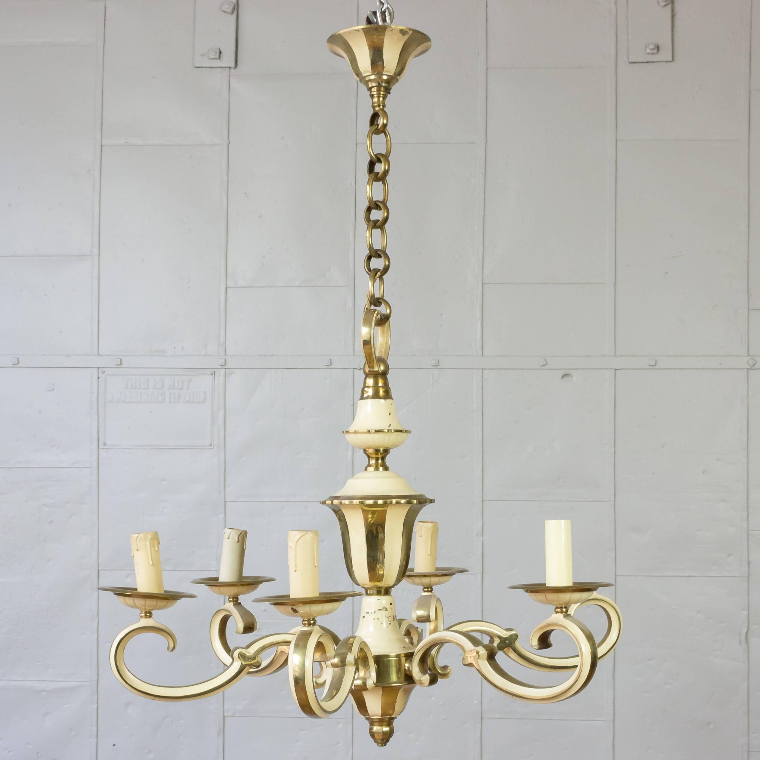 Six-arm brass and enamel chandelier with matching canopy.

Sold in vintage condition.