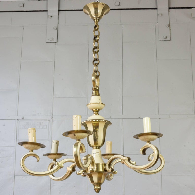 1940s French Brass and Enamel Chandelier For Sale at 1stDibs