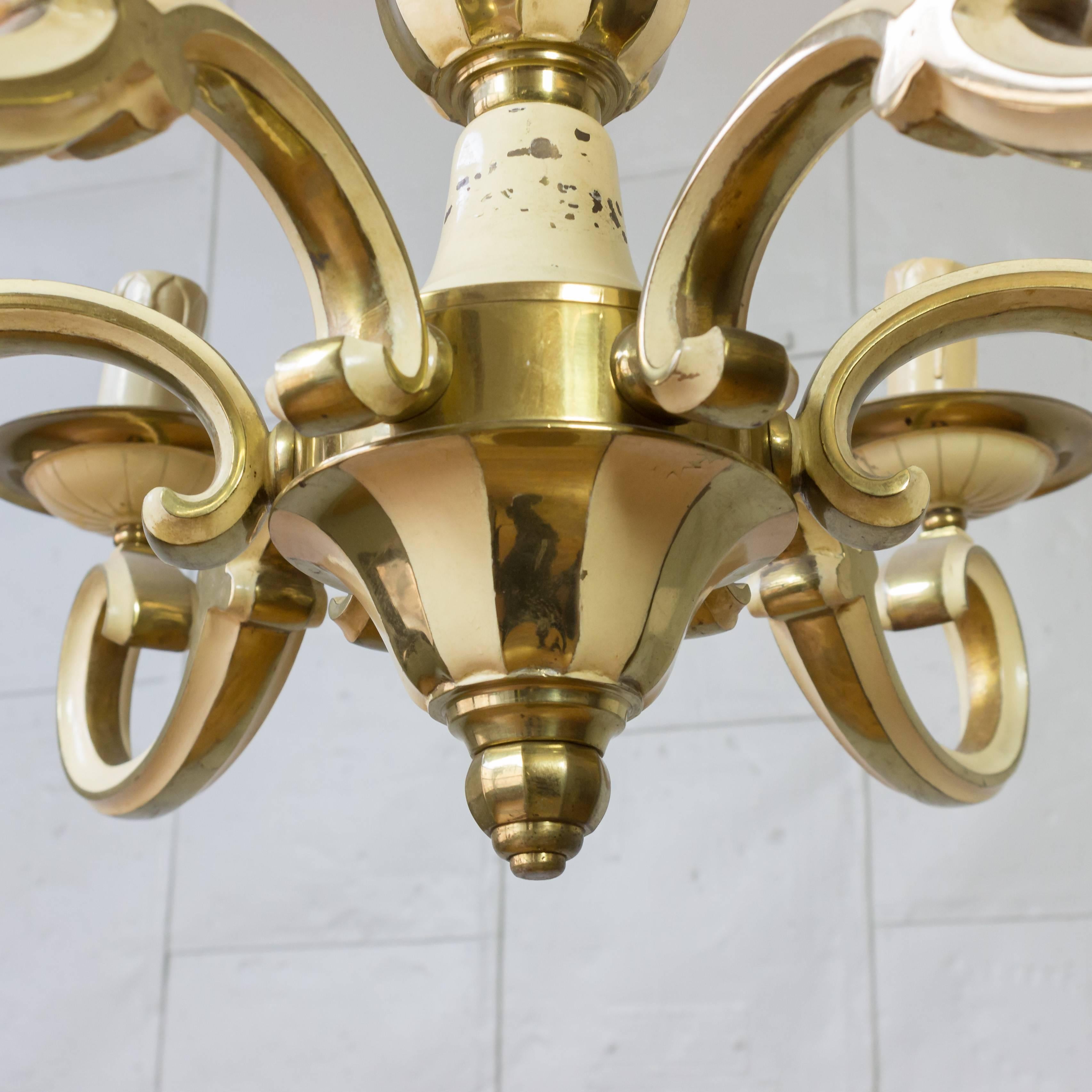 Mid-20th Century 1940s French Brass and Enamel Chandelier