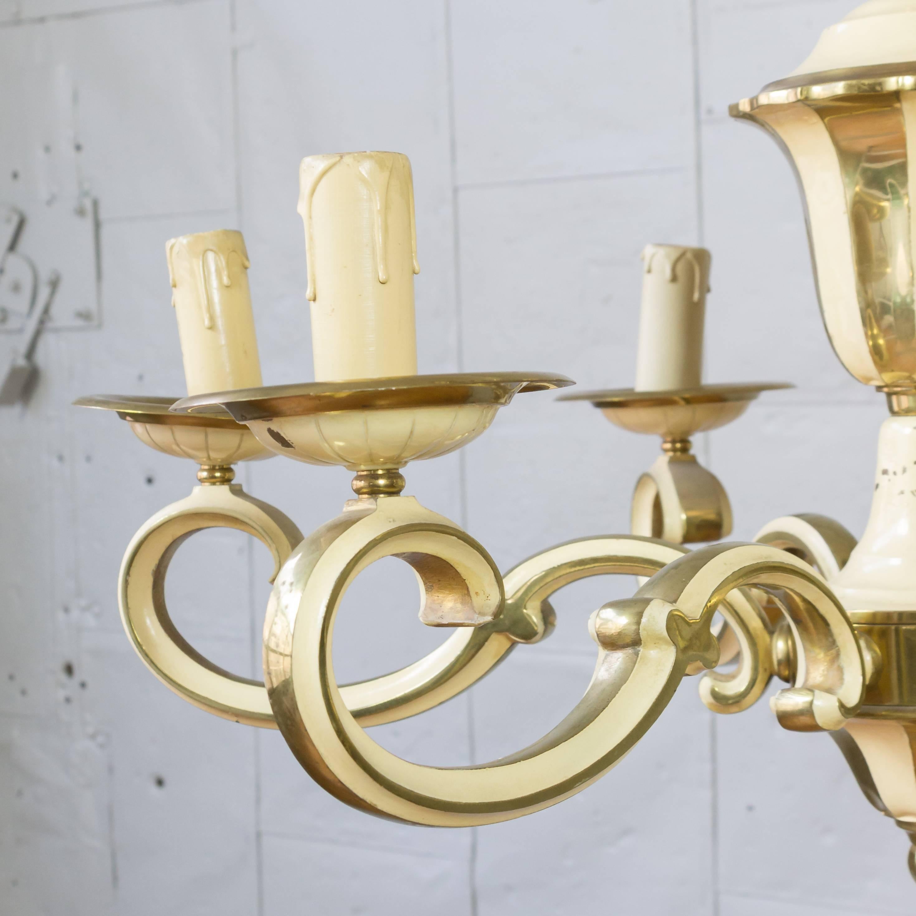 1940s French Brass and Enamel Chandelier In Fair Condition In Buchanan, NY