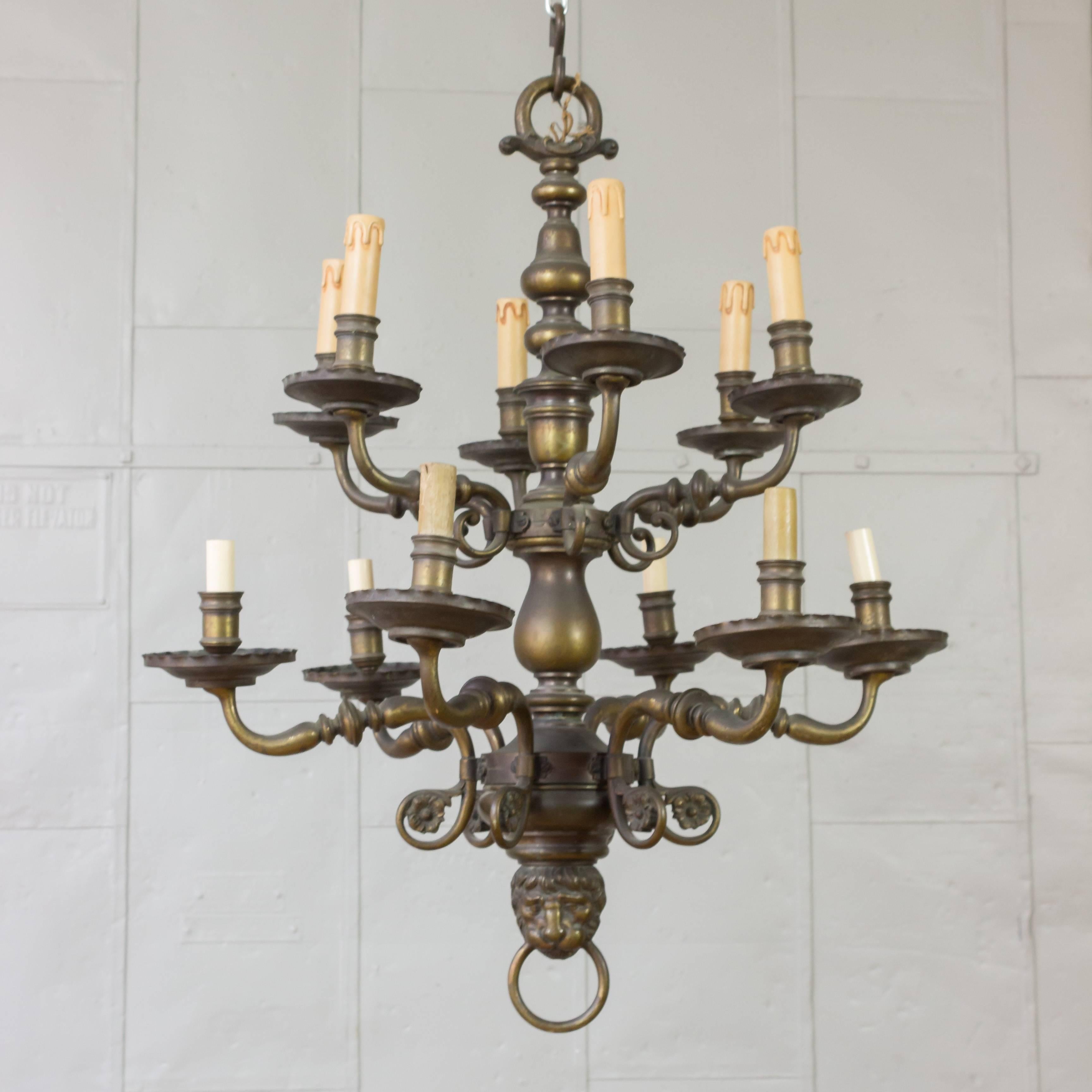 French Bronze Two-Tiered Chandelier with Lion Motif 5
