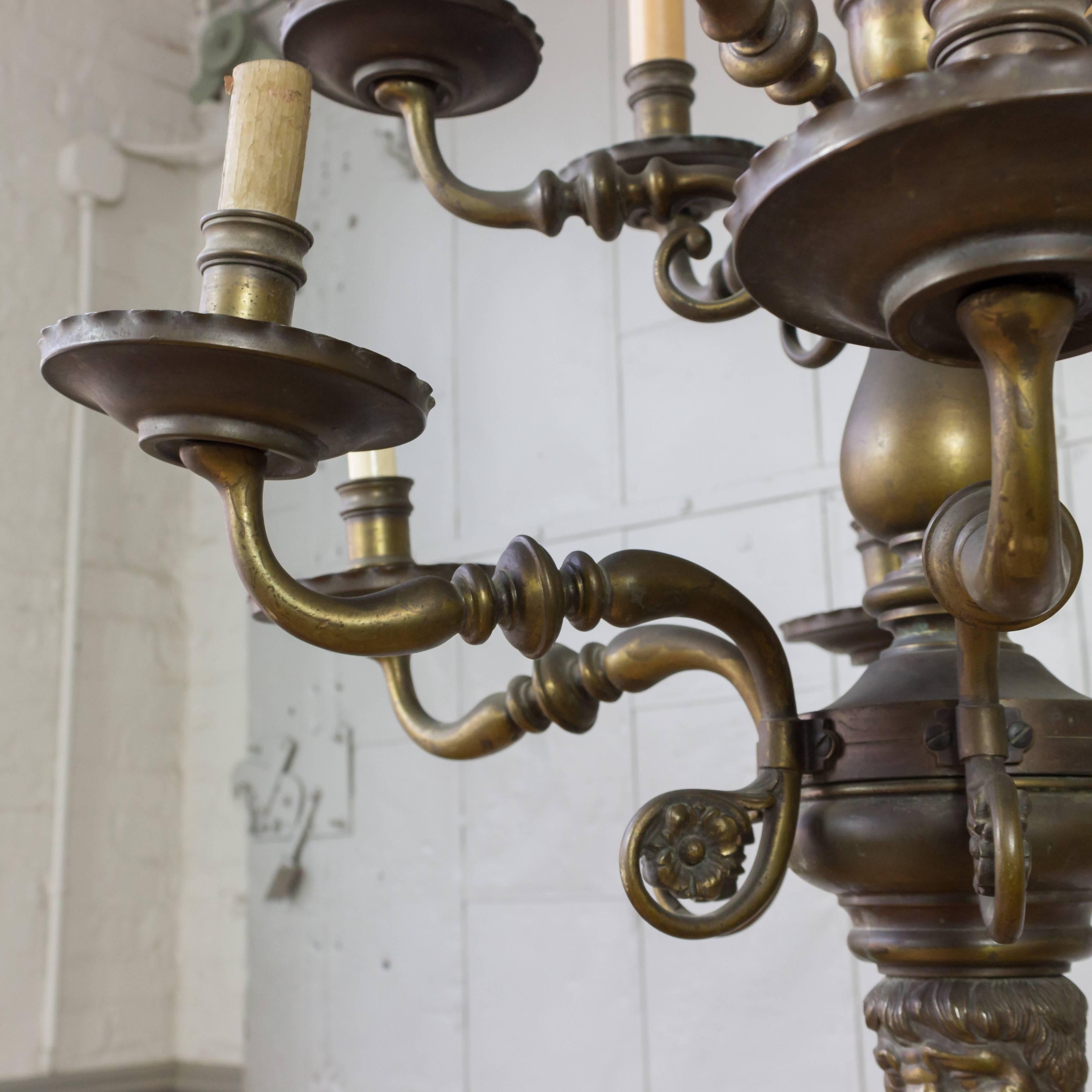 French Bronze Two-Tiered Chandelier with Lion Motif In Good Condition In Buchanan, NY