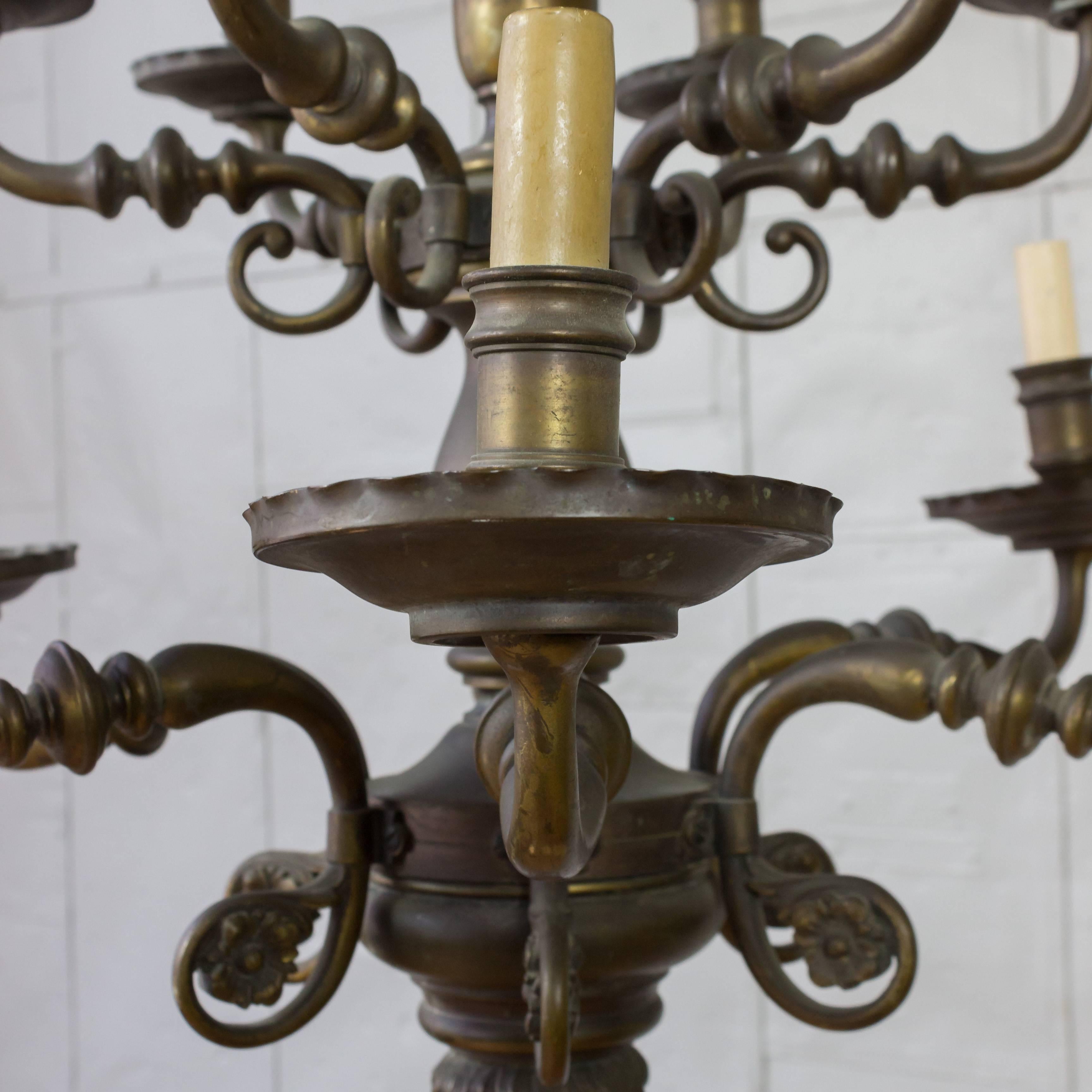 Early 20th Century French Bronze Two-Tiered Chandelier with Lion Motif